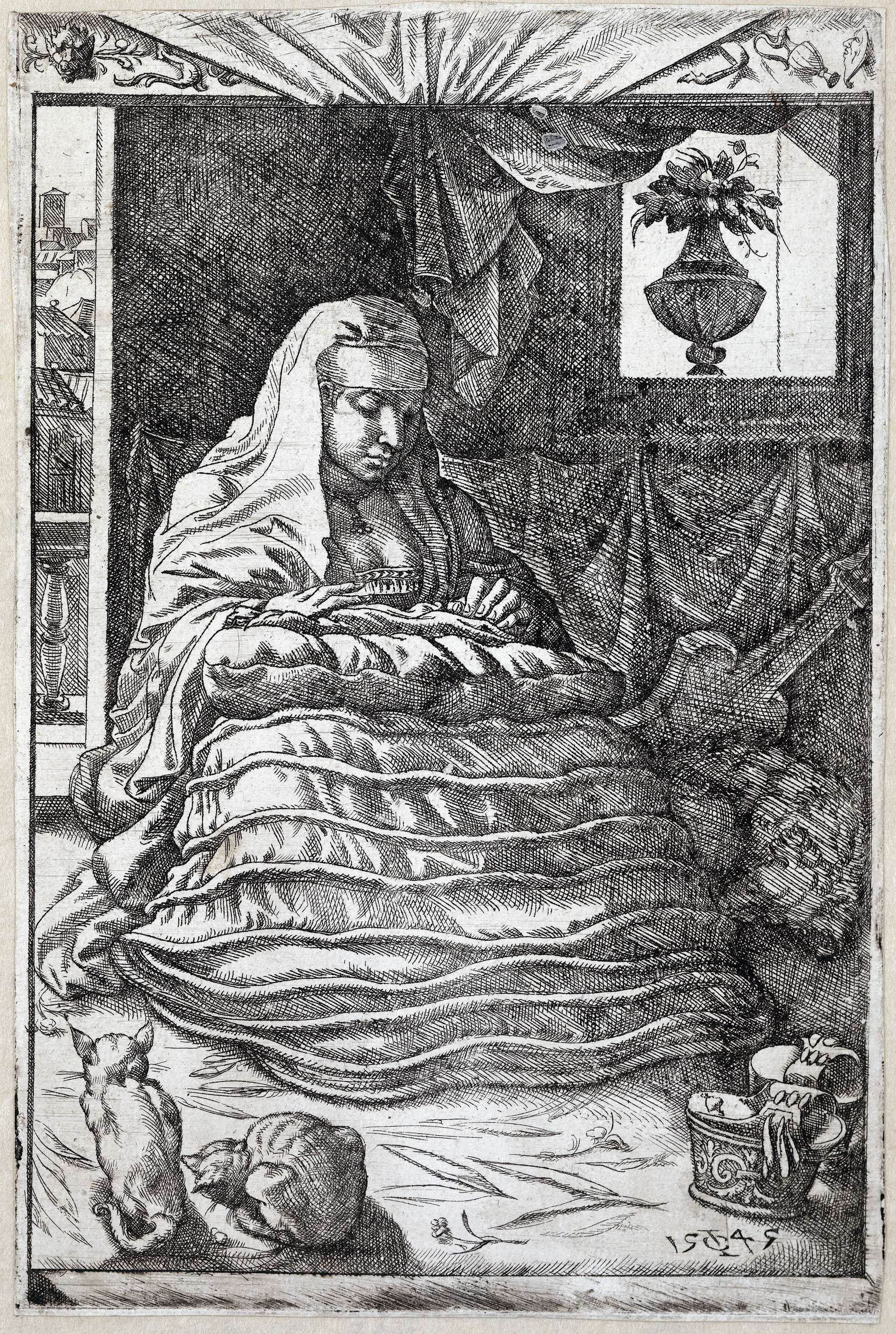 Seated Woman in Spanish Attire, etching by Jan Cornelisz Vermeyen, featuring a woman in a conical skirt.