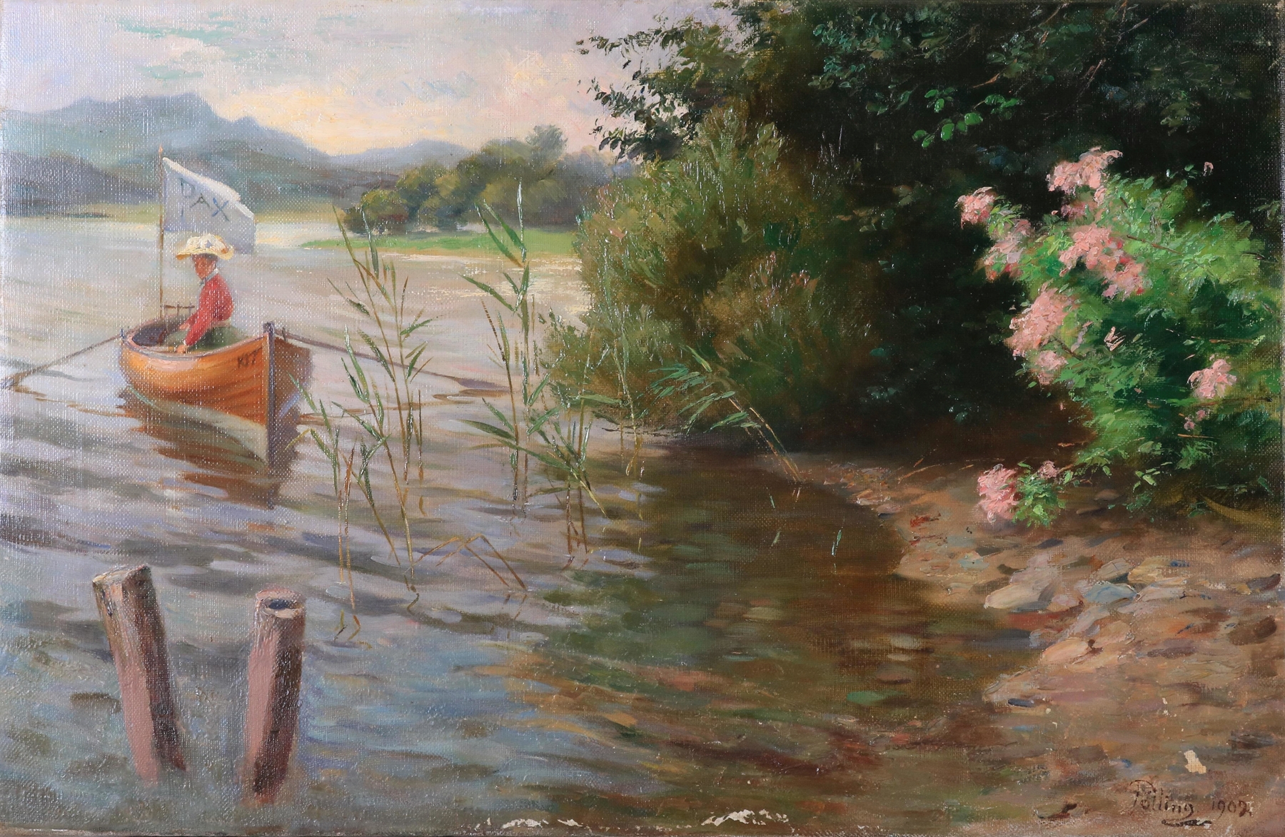 Impressionist oil painting by Adrienne von Pötting depicting a woman in a boat on Wörthersee