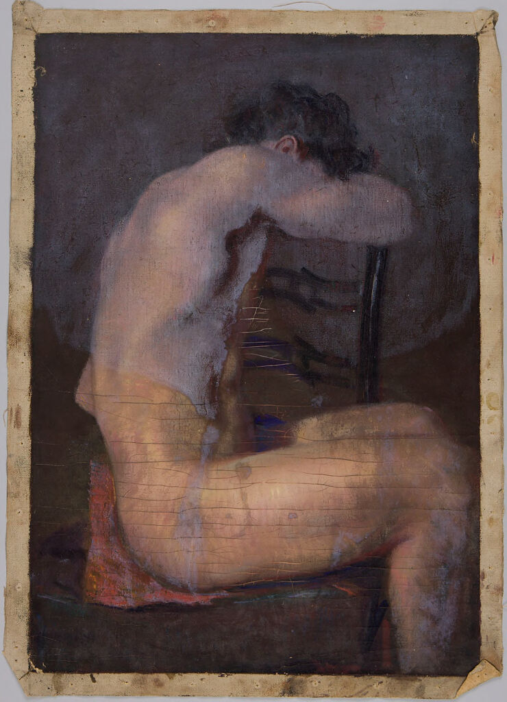 Portrait of a seated young man resting his head on arms, oil on canvas by Denman Waldo Ross.