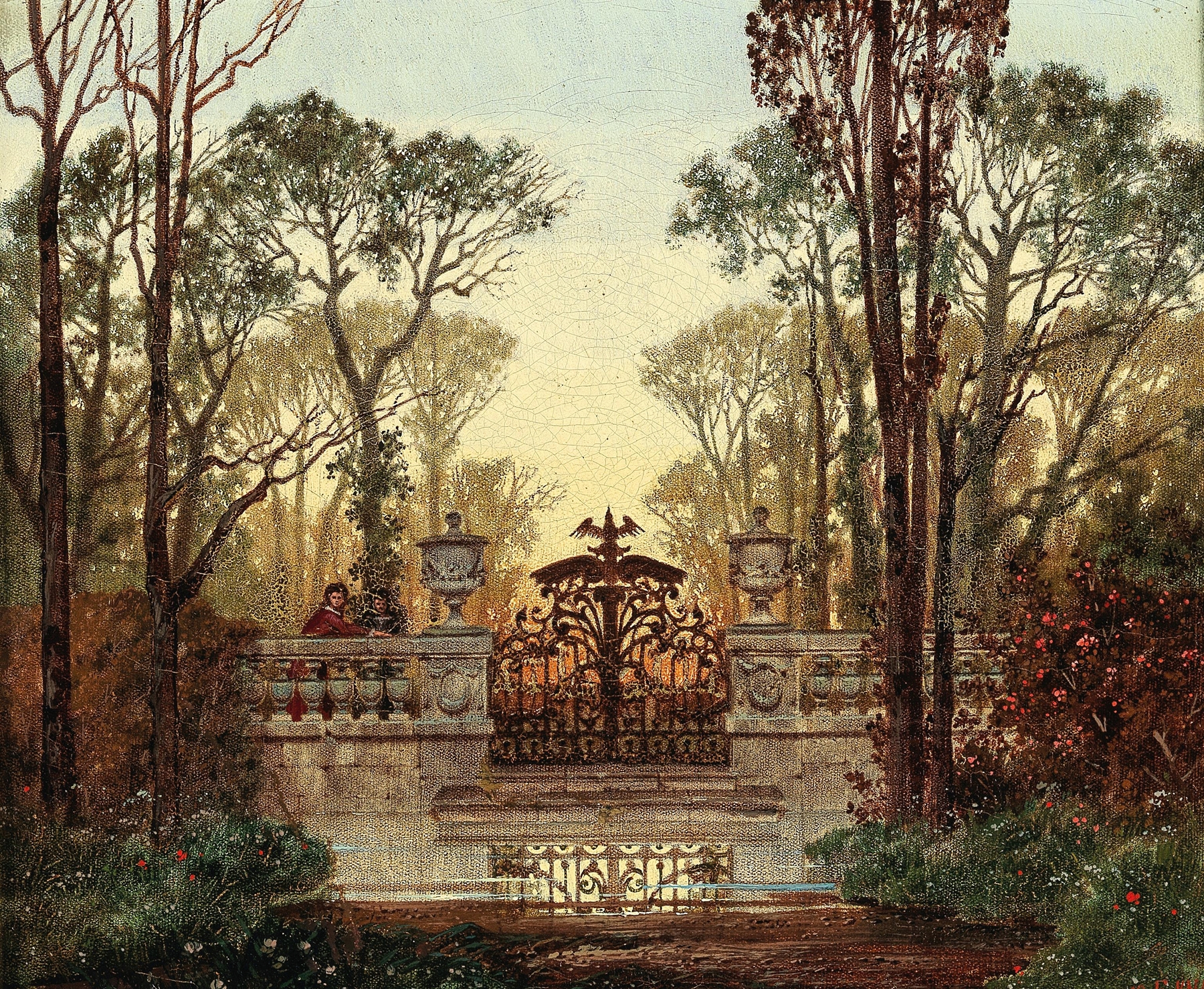 Landscape oil painting by Ferdinand Knab featuring a castle and lush grounds