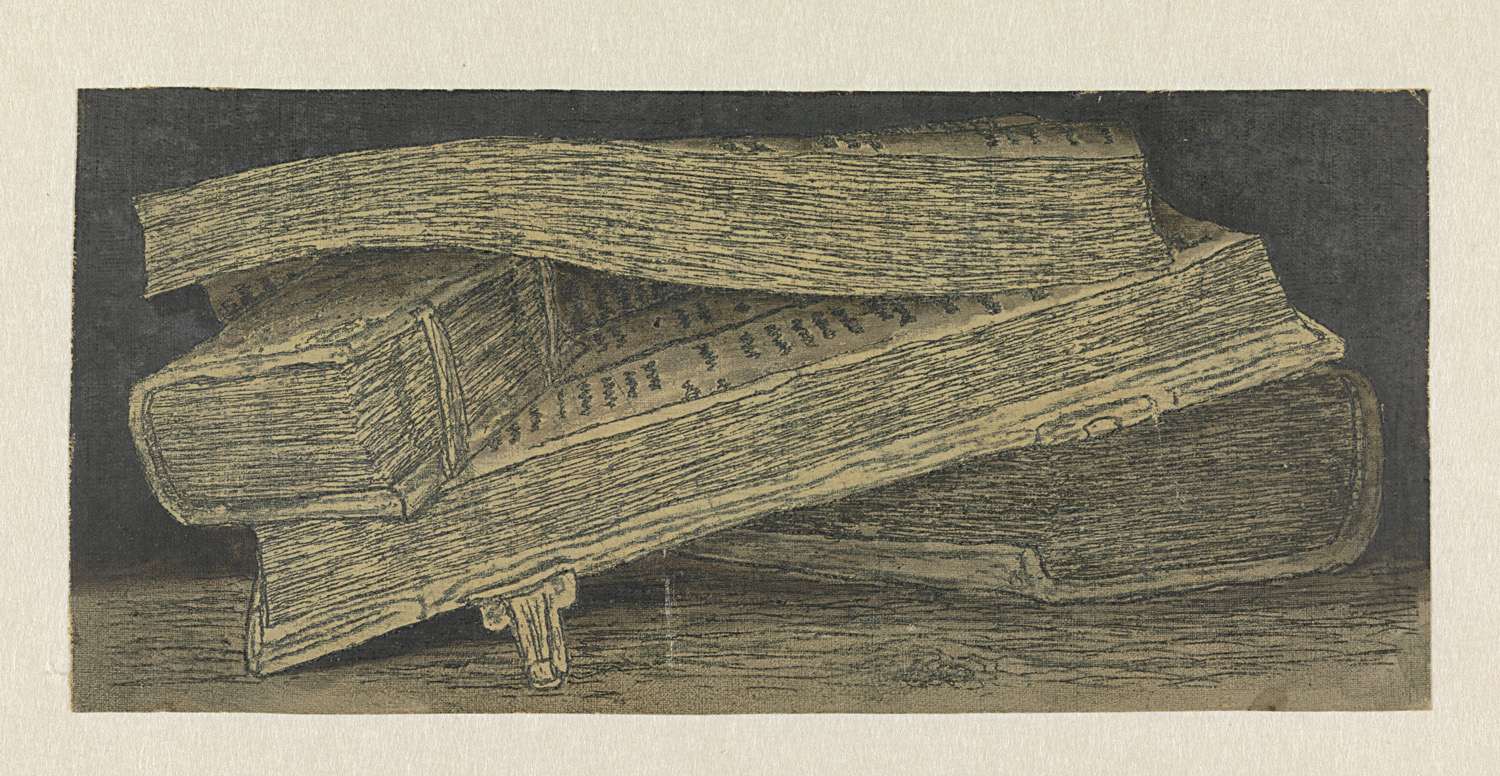 Etching by Hercules Segers showing a stack of books