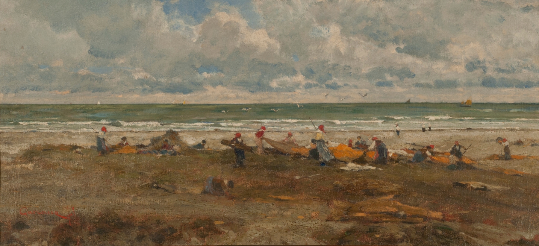 Fishermen on the beach by Filippo Carcano, realism, depicting fishermen casting nets into the waves.
