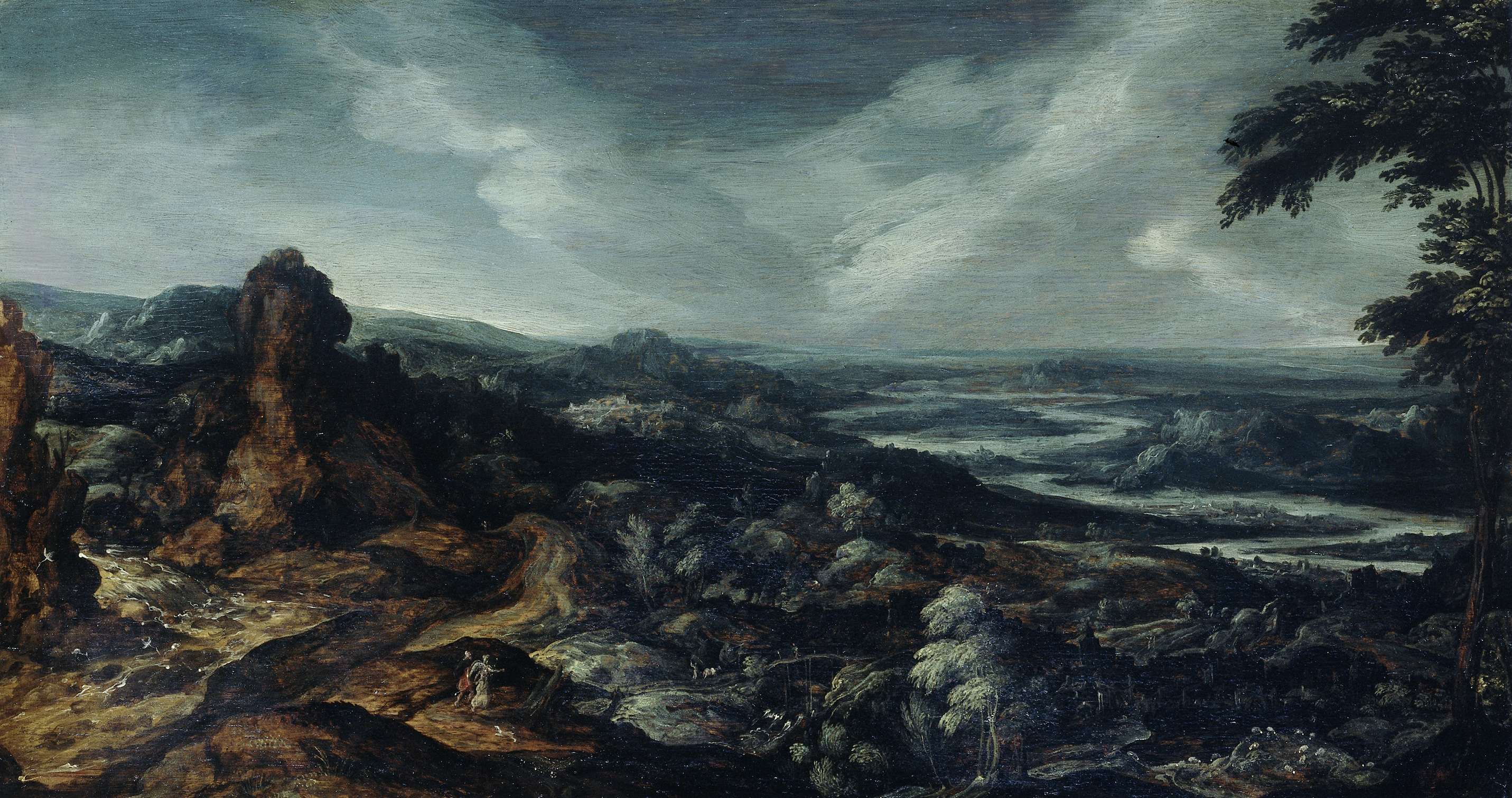 Panoramic landscape with Tobias and the Angel, oil on panel by Kerstiaen de Keuninck
