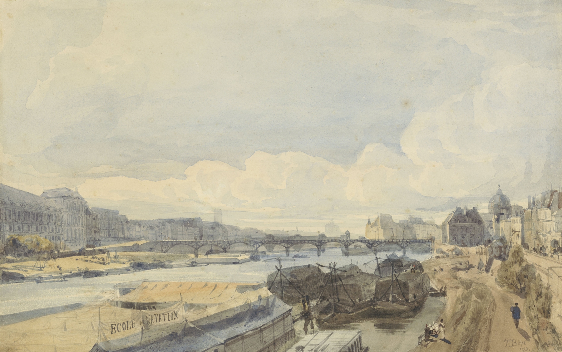 Landscape of the Seine river with sunlight reflections, oil painting by Thomas Shotter Boys