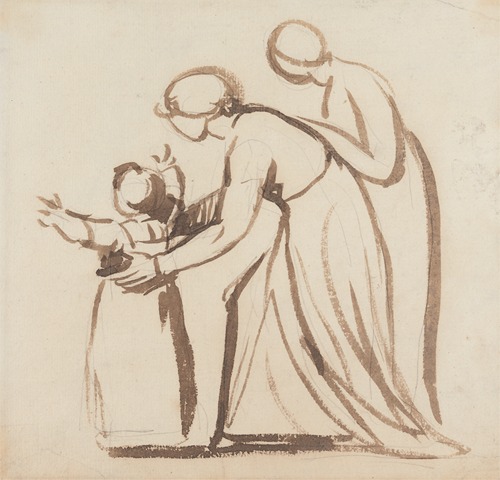 A painting depicting a young child learning to walk, showcasing soft colors and tender expressions.