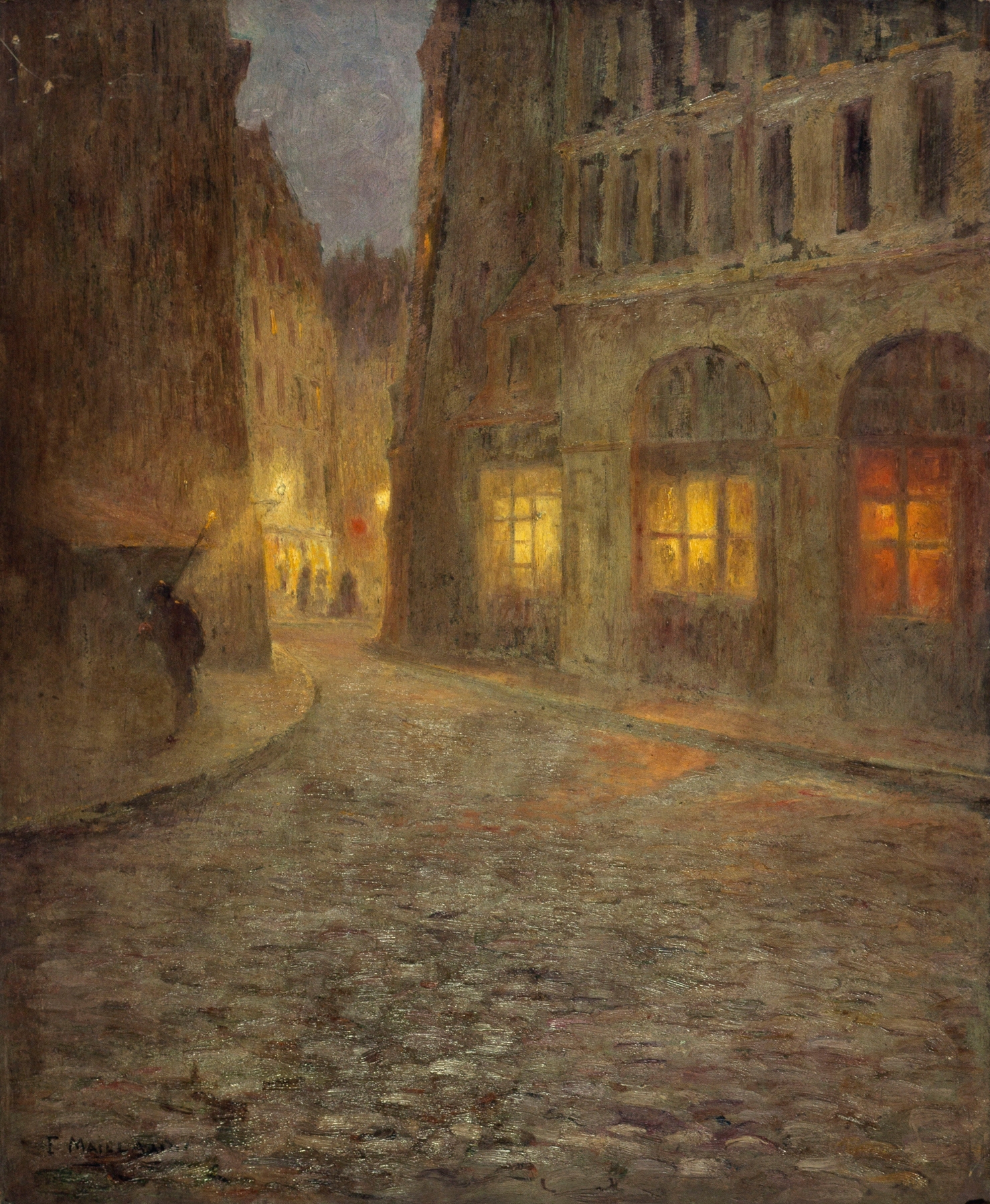 La rue de la Montagne-Sainte-Geneviève by Fernand Maillaud, oil painting of a bustling street scene.