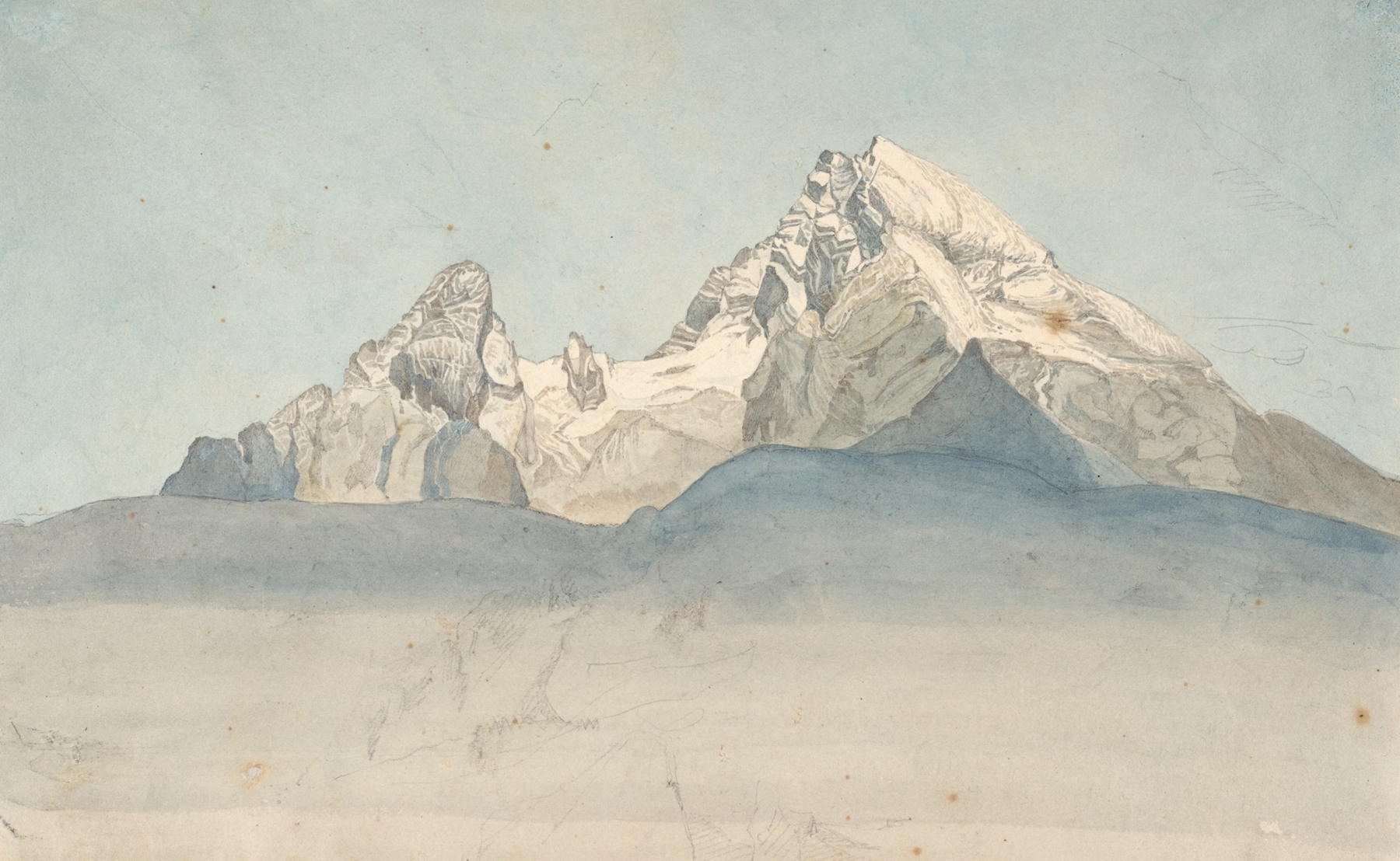 Watercolour by August Heinrich depicting The Watzmann mountain with clouds.