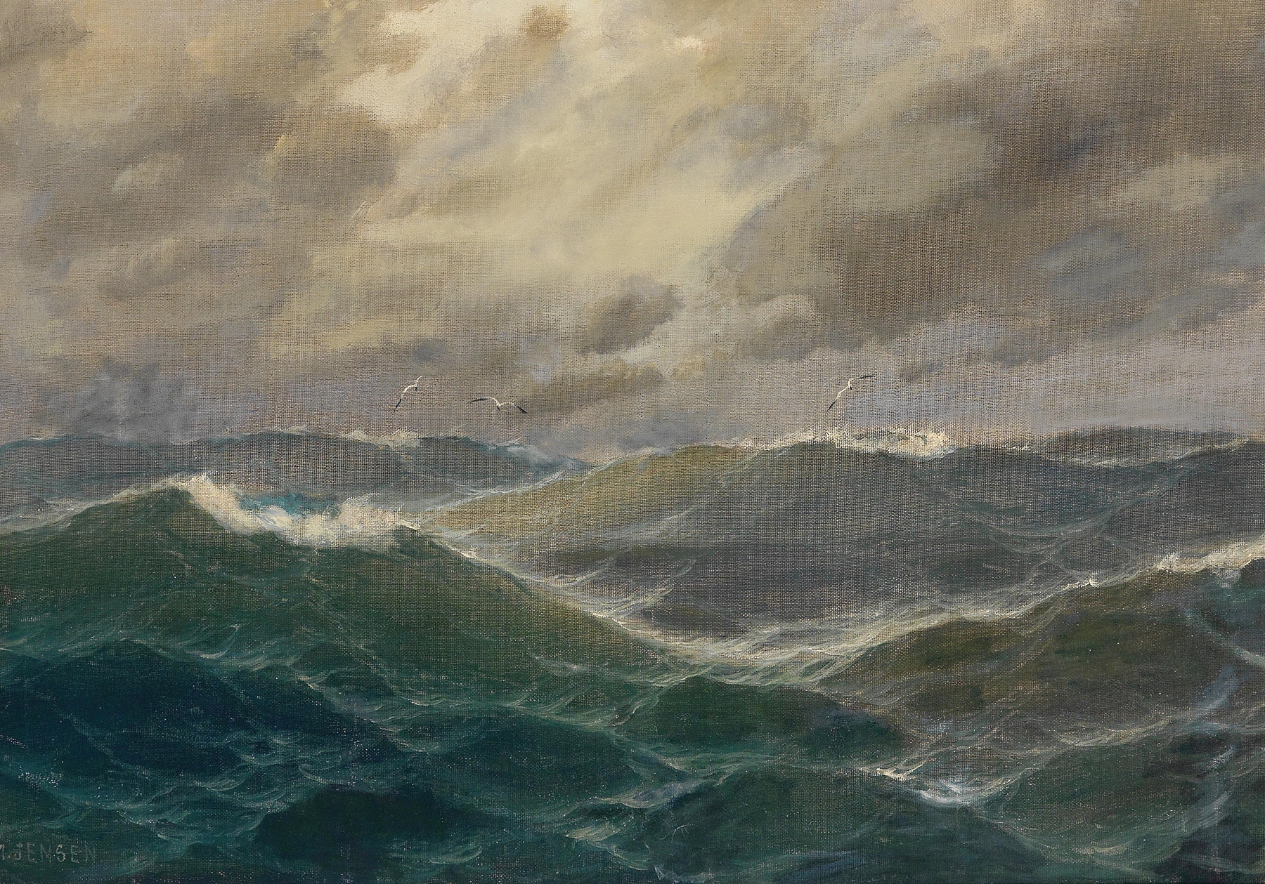 Oil painting by Max Jensen depicting tumultuous ocean waves