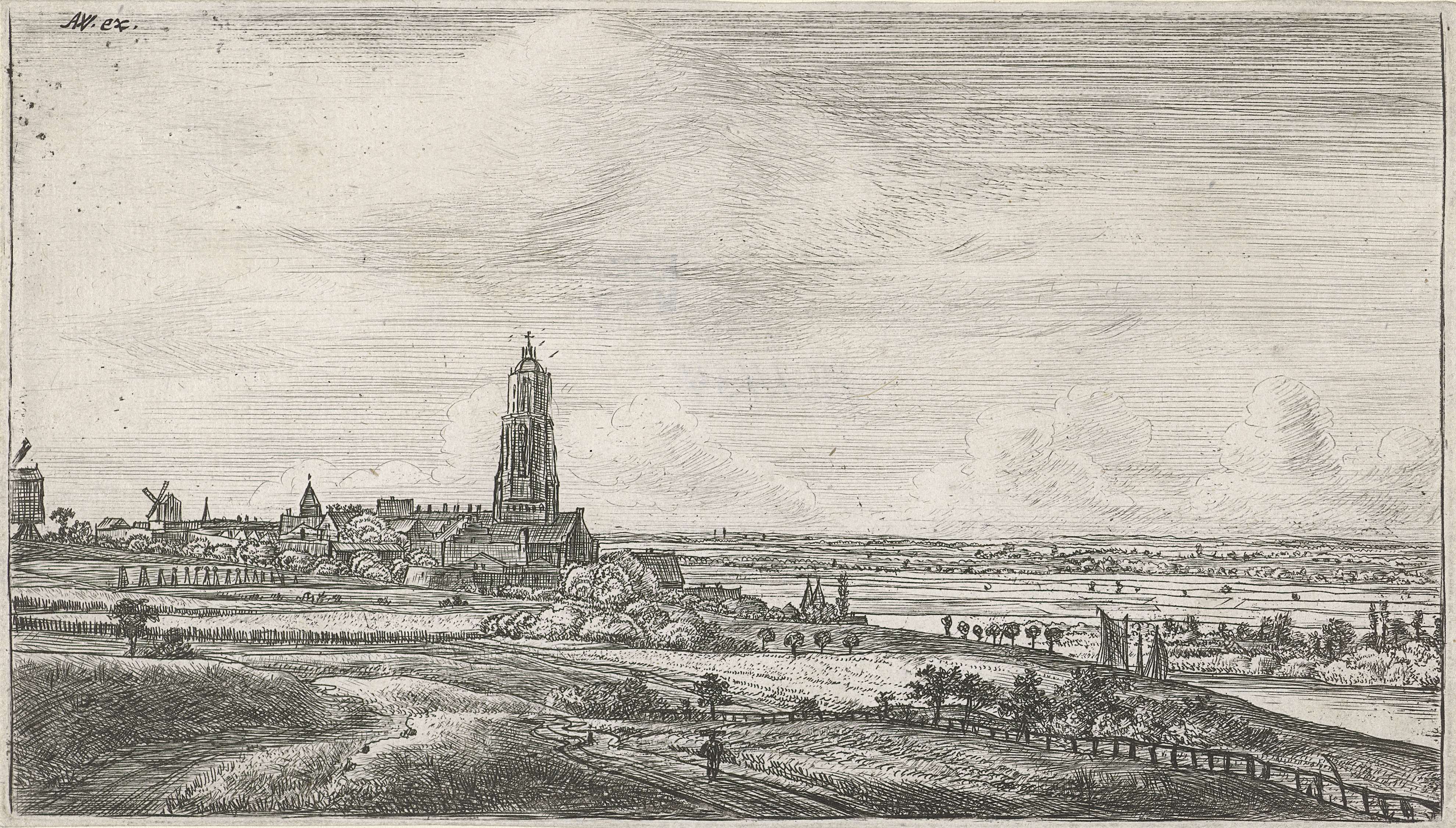 Landscape etching by Jan Ruyscher depicting a river and village