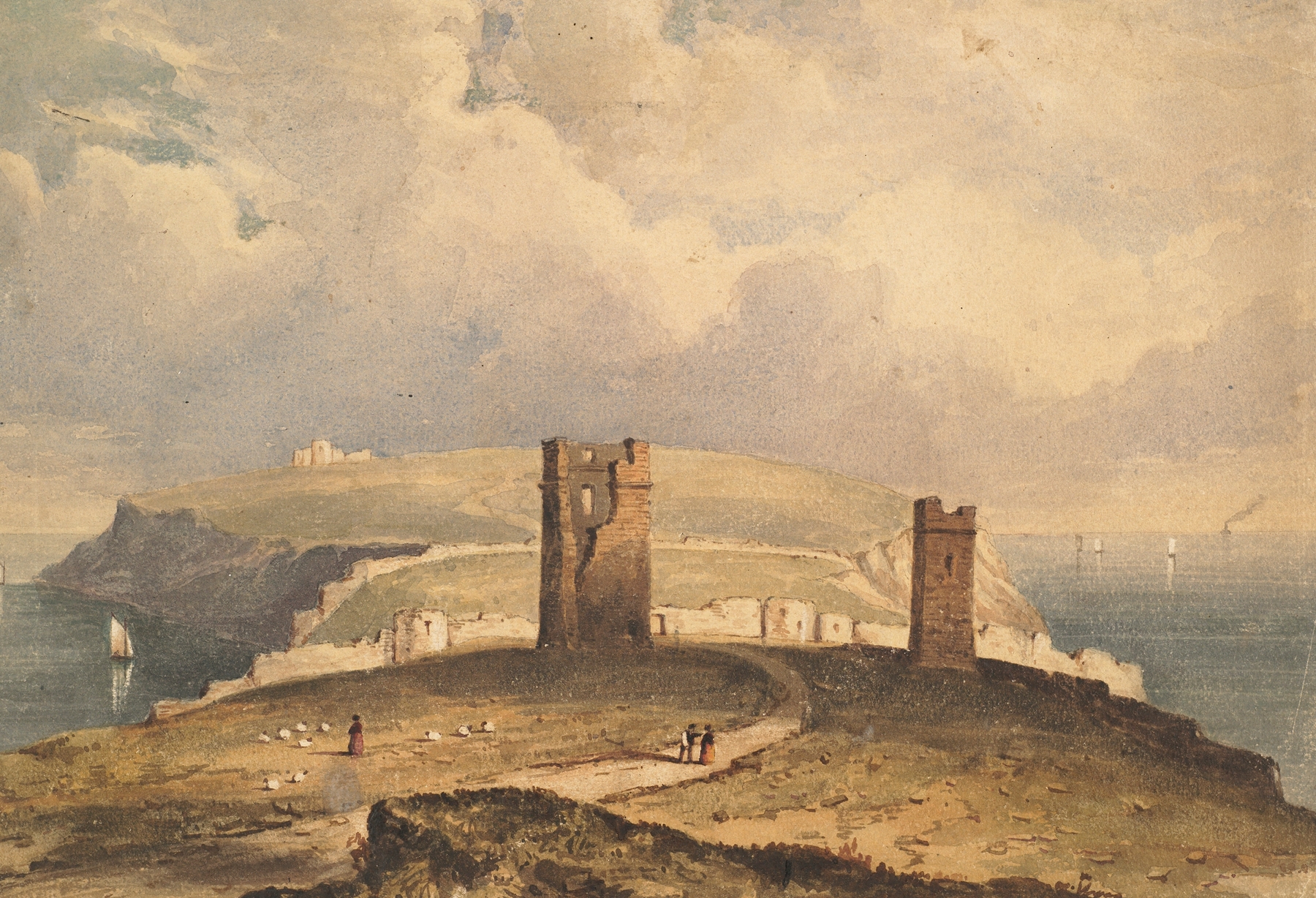 Coastal landscape with ruins at sunset, oil painting by William Wyld