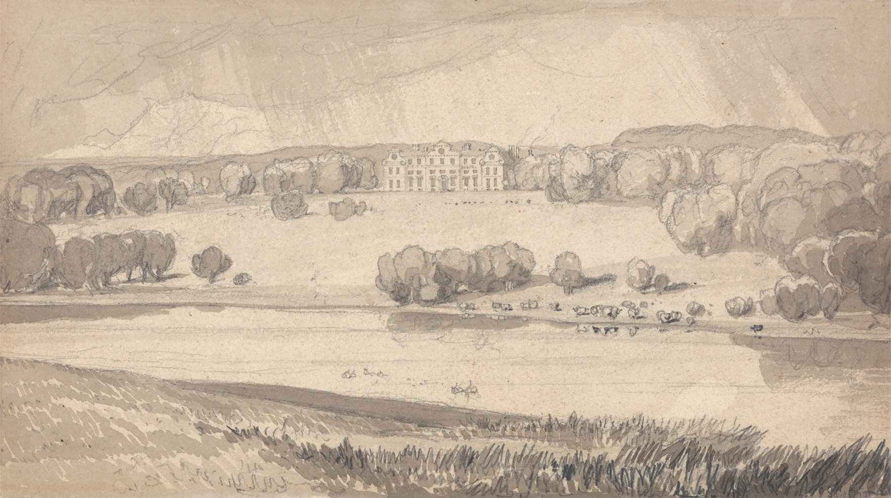 Raynham Hall, an oil painting by John Sell Cotman, featuring architecture and greenery.