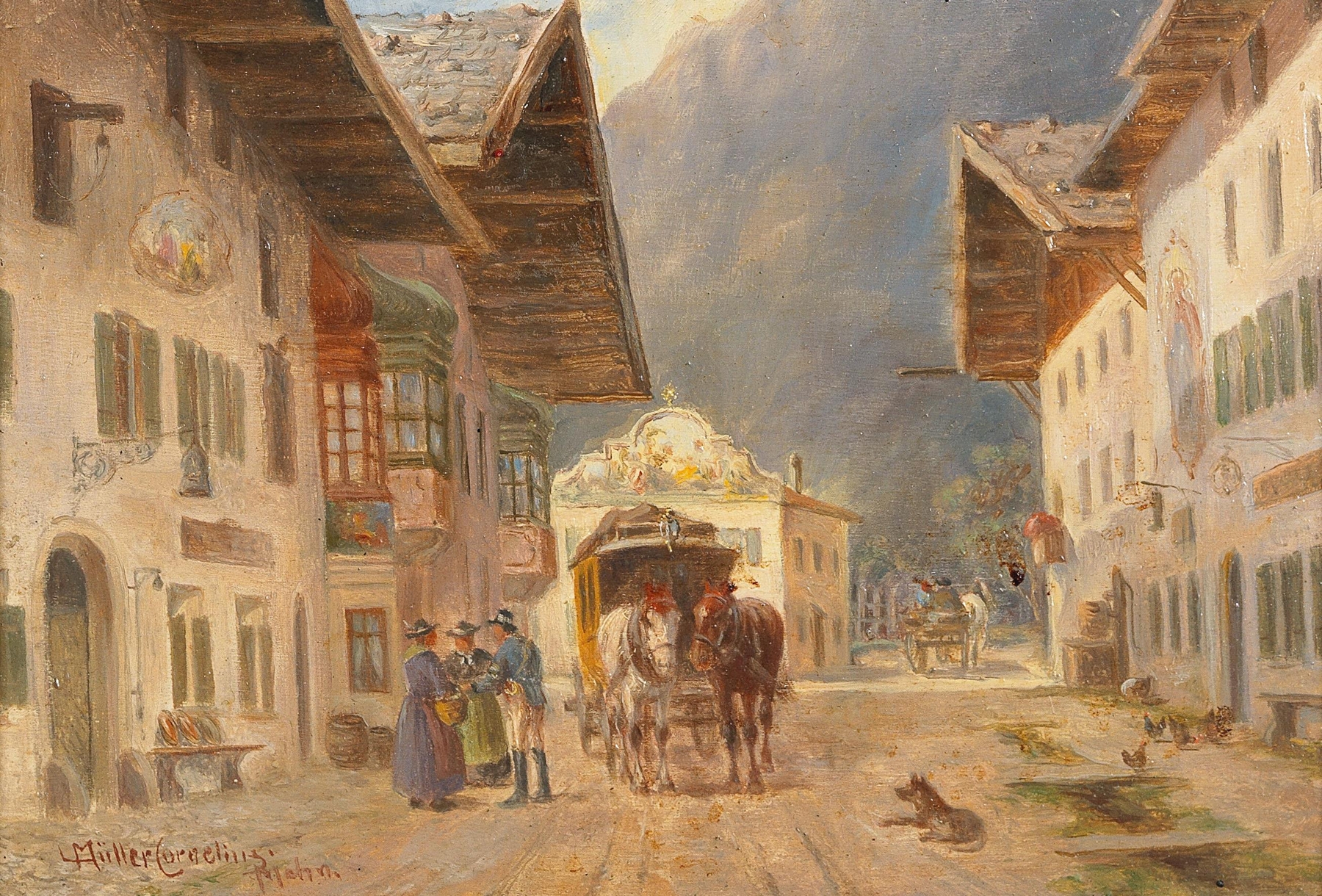 Arrival of the Post Coach in Mittenwald, oil on canvas by Ludwig Müller-Cornelius