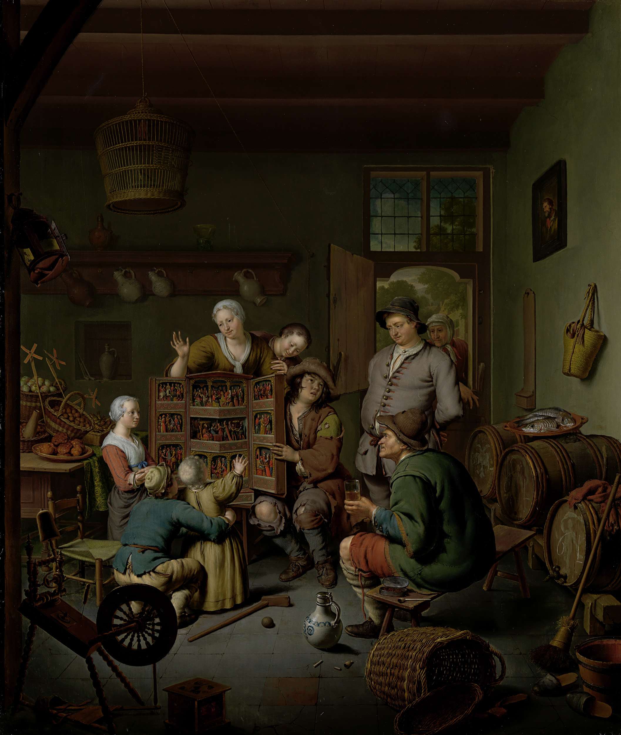 Genre scene oil painting by Willem van Mieris featuring a performer with a wooden triptych.