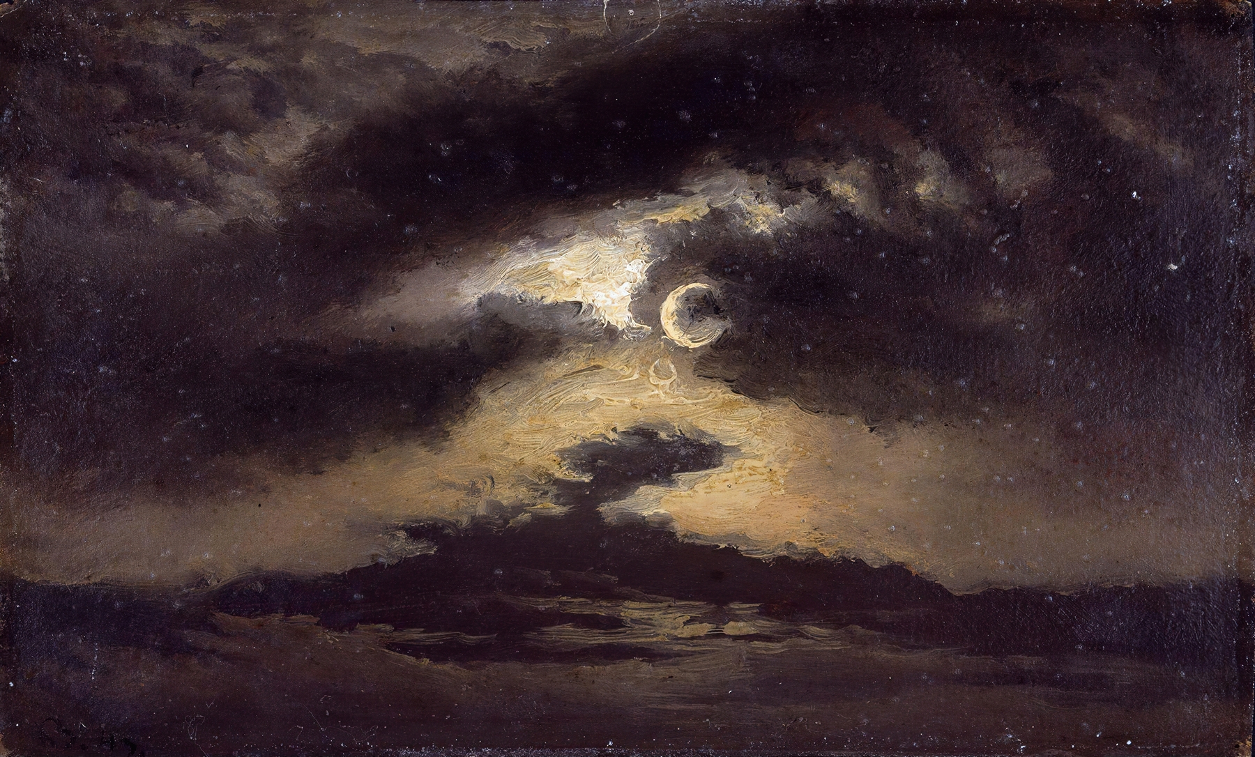 Clouds in Moonlight by Knud Baade, oil on canvas depicting a serene night landscape with moonlit clouds.