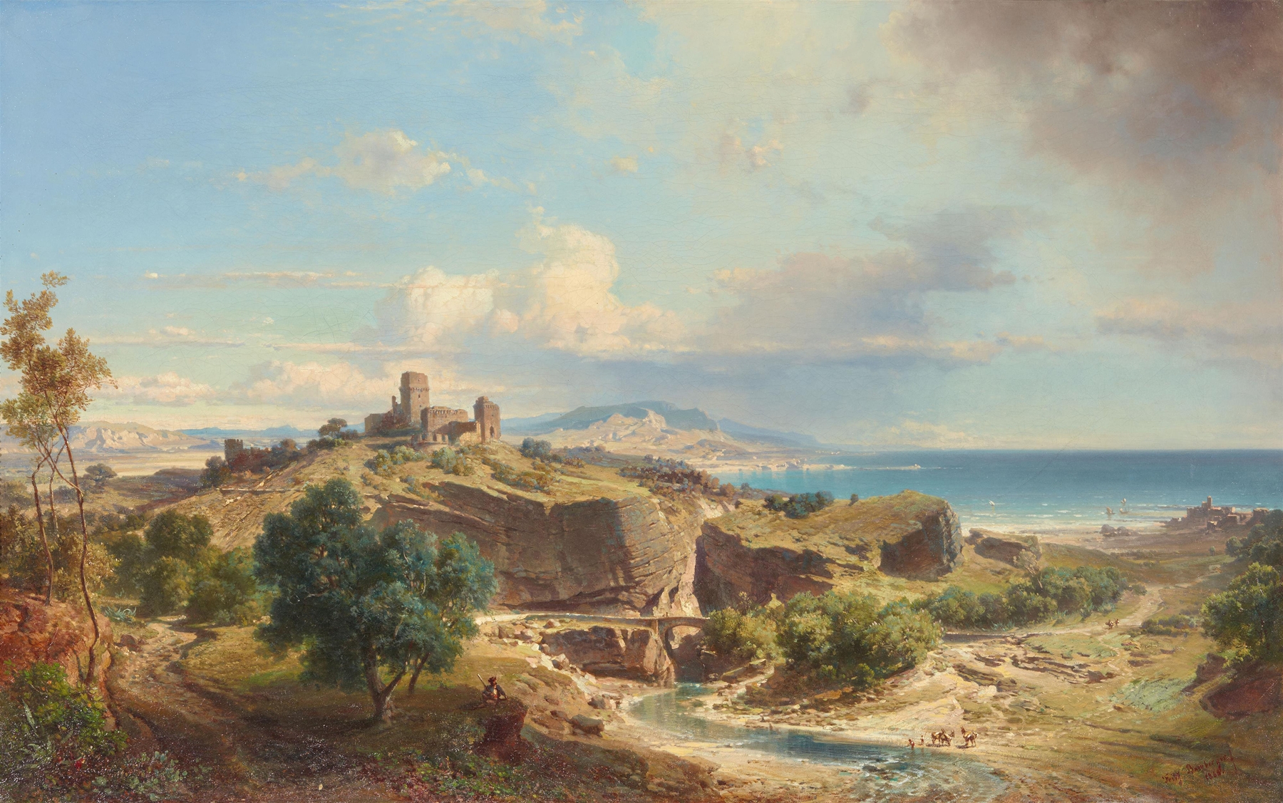 Coastal landscape with sunset, oil on canvas by Fritz Bamberger