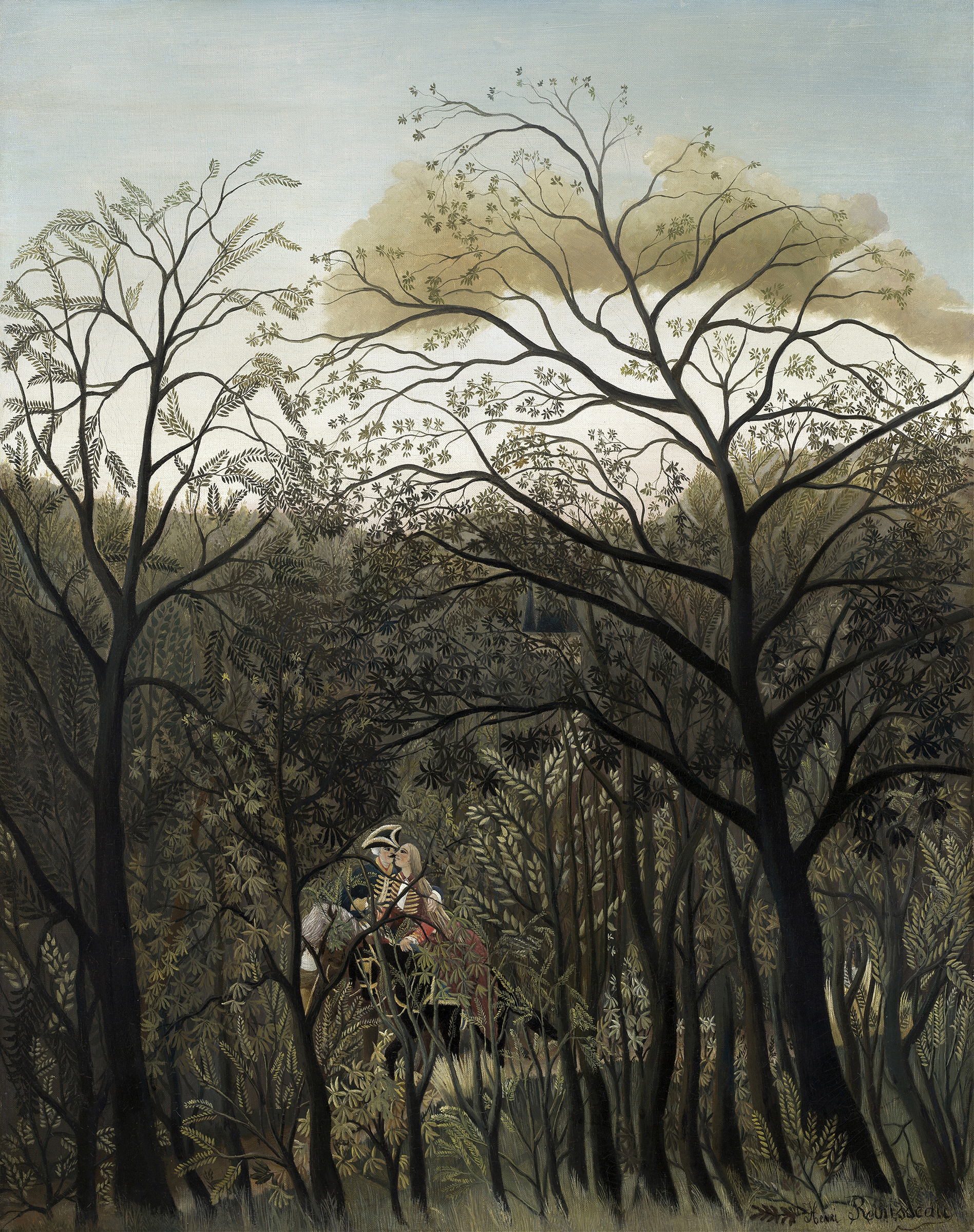 Rendezvous in the Forest by Henri Rousseau, oil painting depicting two figures in a vibrant forest.