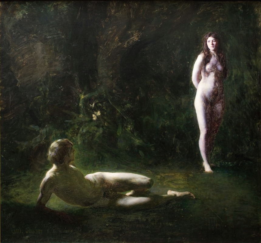 This painting depicts Adam and Eve in a lush garden setting.