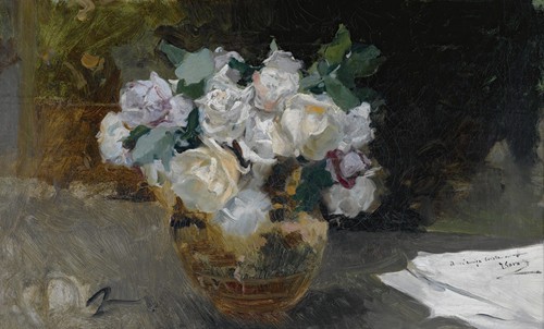 A beautiful bouquet of white roses in a vase.