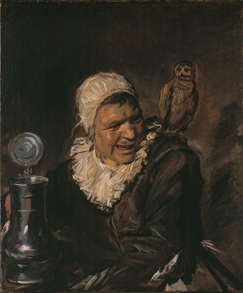 Malle Babbe by Frans Hals depicts a woman with a wild expression holding a glass.