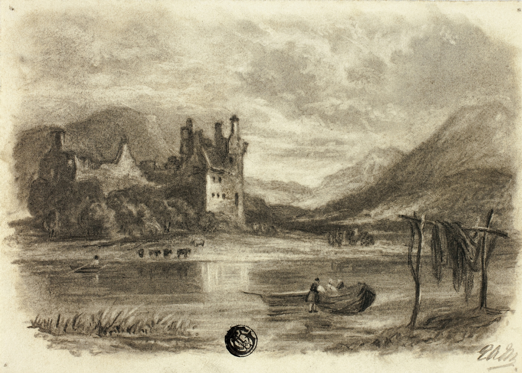 Fishermen Drying Nets before Castle, by Elizabeth Murray, public domain