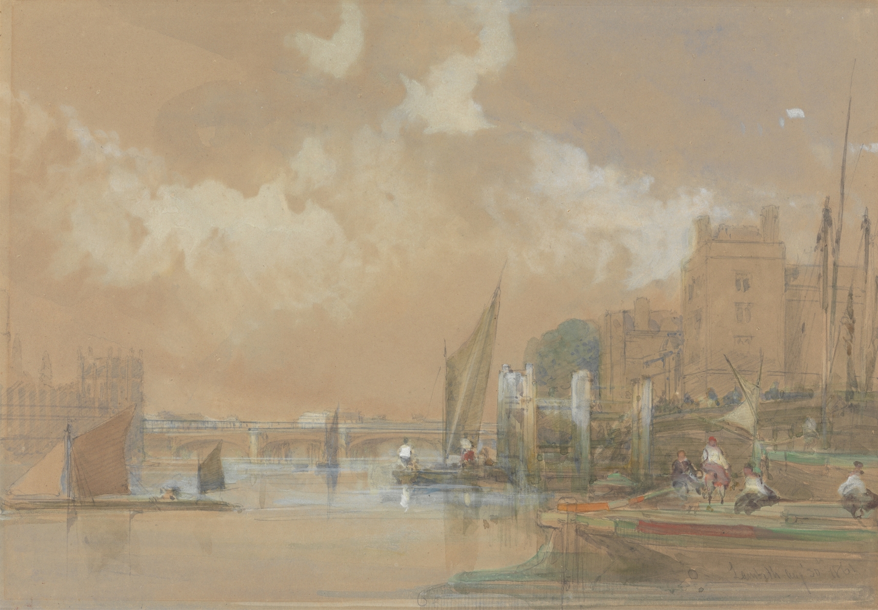 Lambeth by David Roberts, depicting a church with spires in an oil painting.