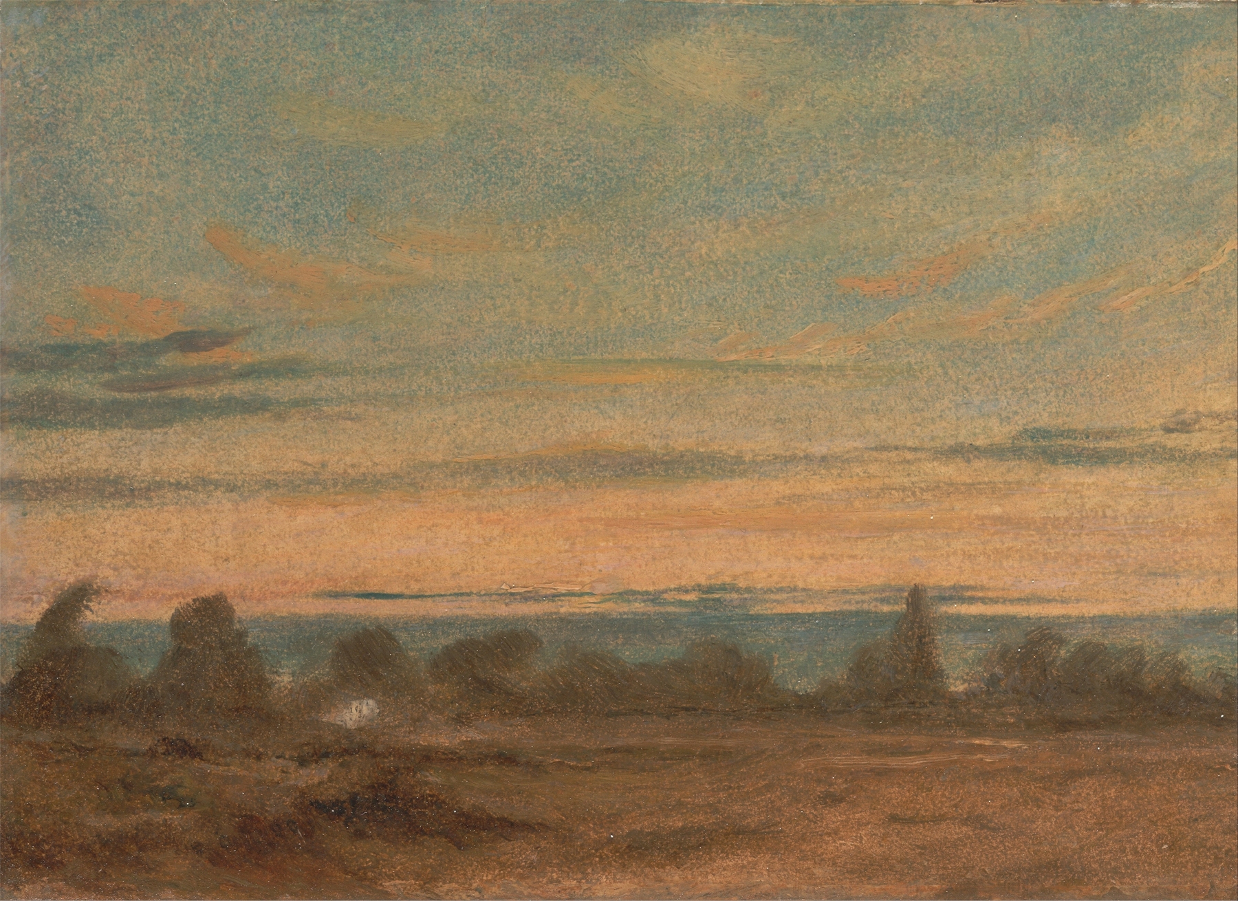 Summer, Evening Landscape by John Constable, oil painting of a serene landscape at dusk.