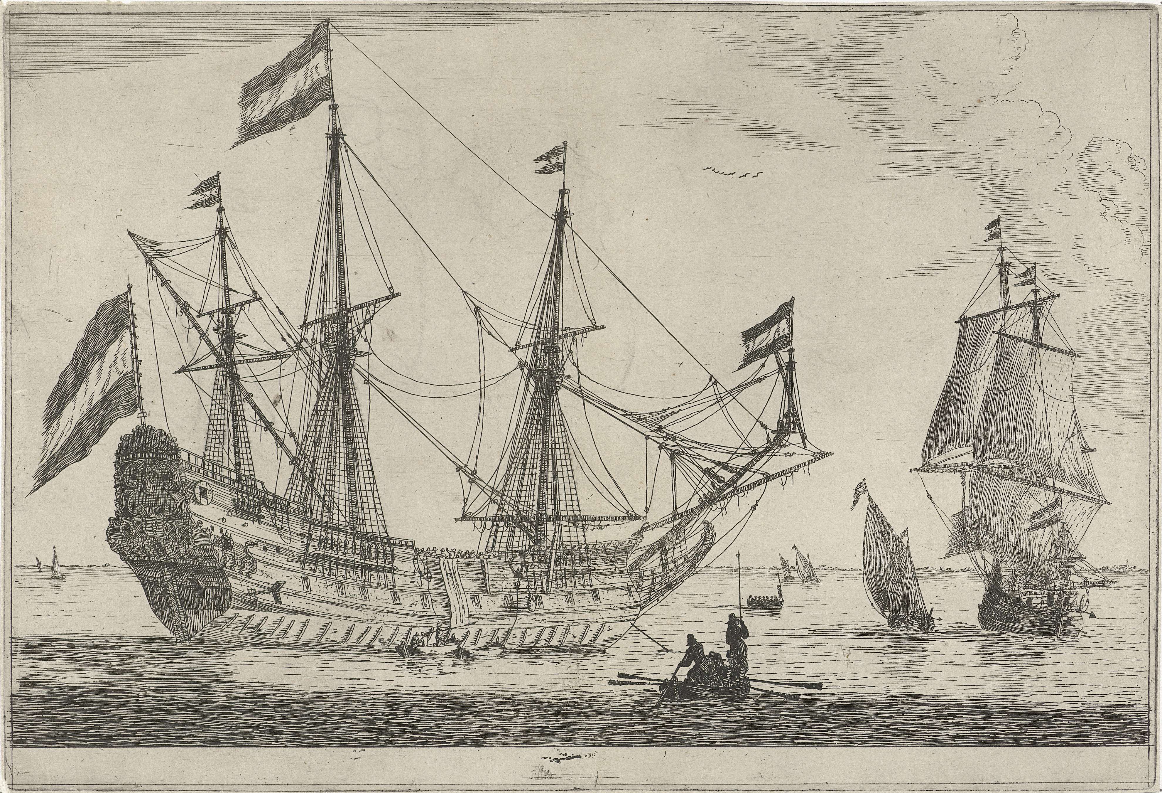 Groot zeilschip en een roeiboot, by Reinier Nooms, public domain