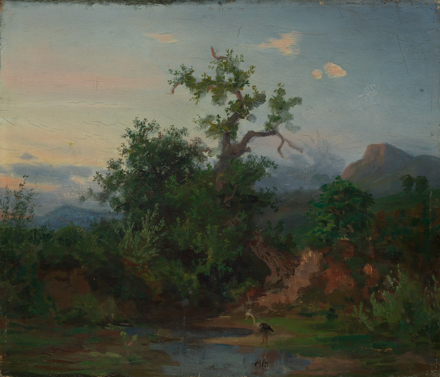 Oil painting by Emil Lugo depicting a tranquil lake with a stork and lush foliage.