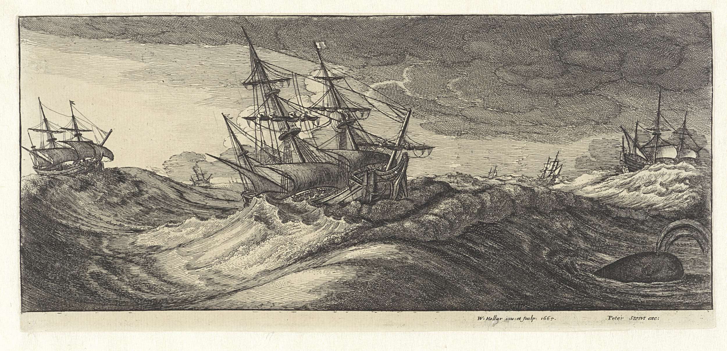 Oorlogsschepen en een walvis in een zeestorm etching by Wenceslaus Hollar depicting ships and a whale in a stormy sea.