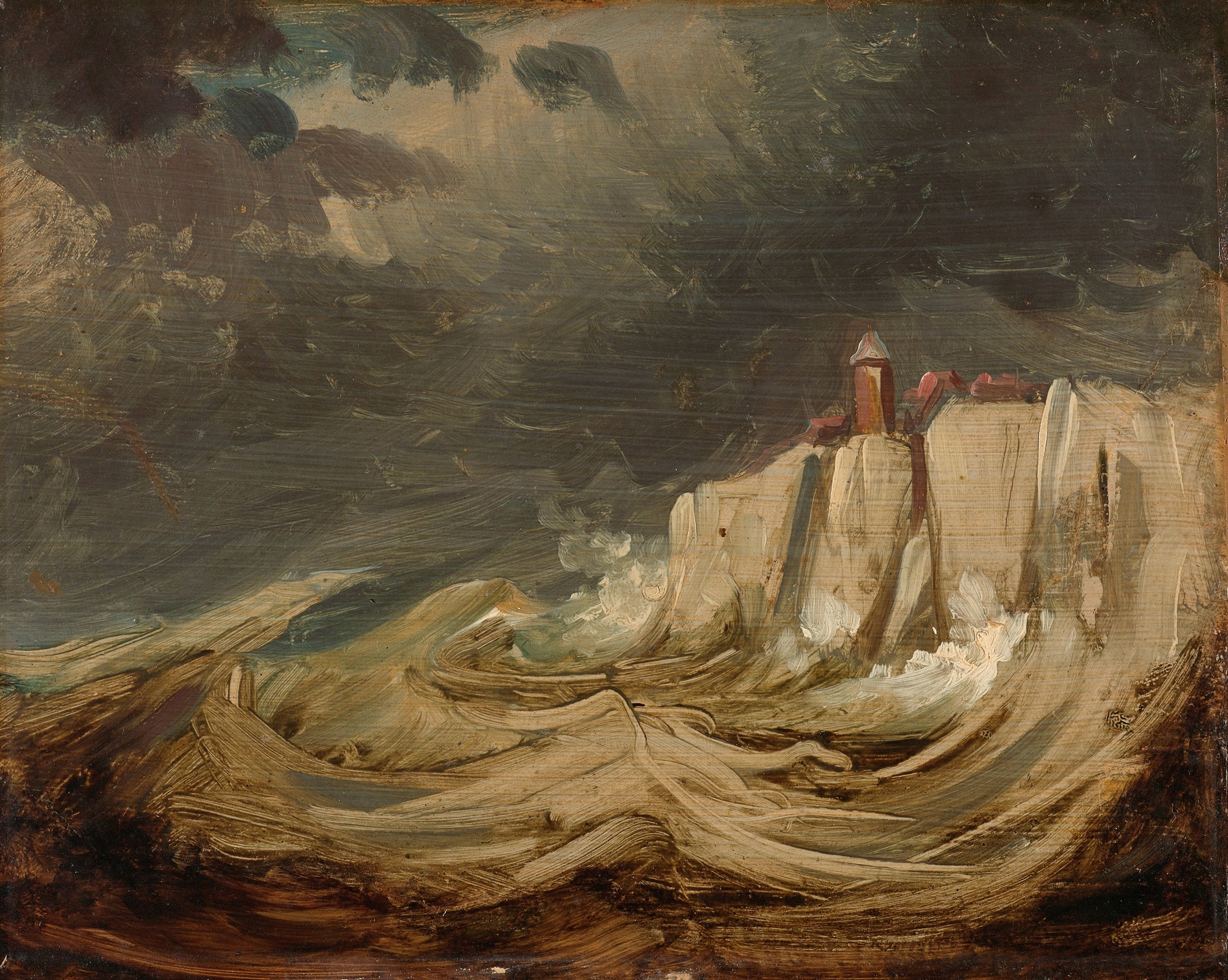 Marine scene with stormy waves and lightning, oil on canvas by Johannes Tavenraat