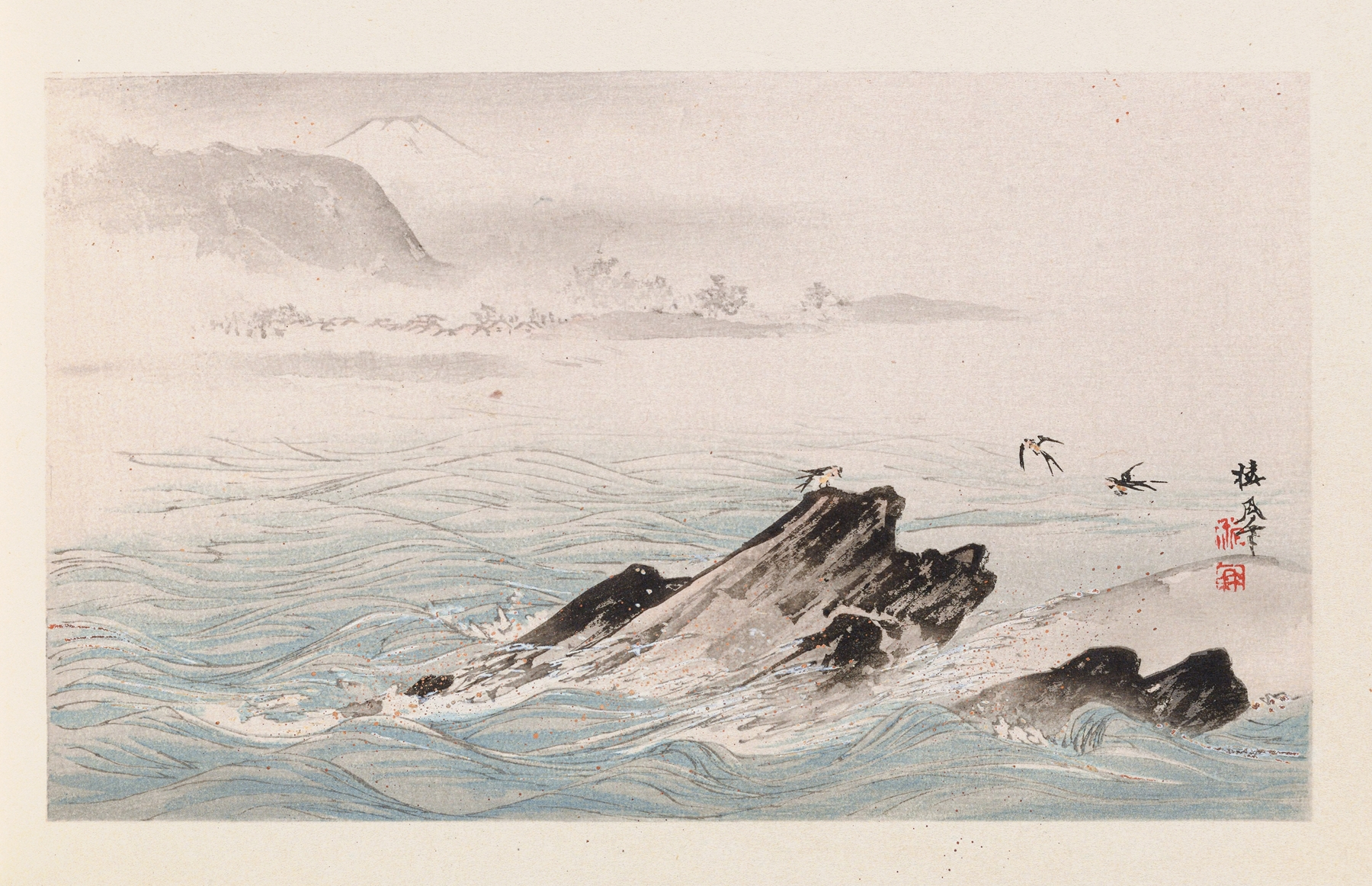 Ukiyo-e landscape by Takeuchi Seihō, featuring clouds and mountains