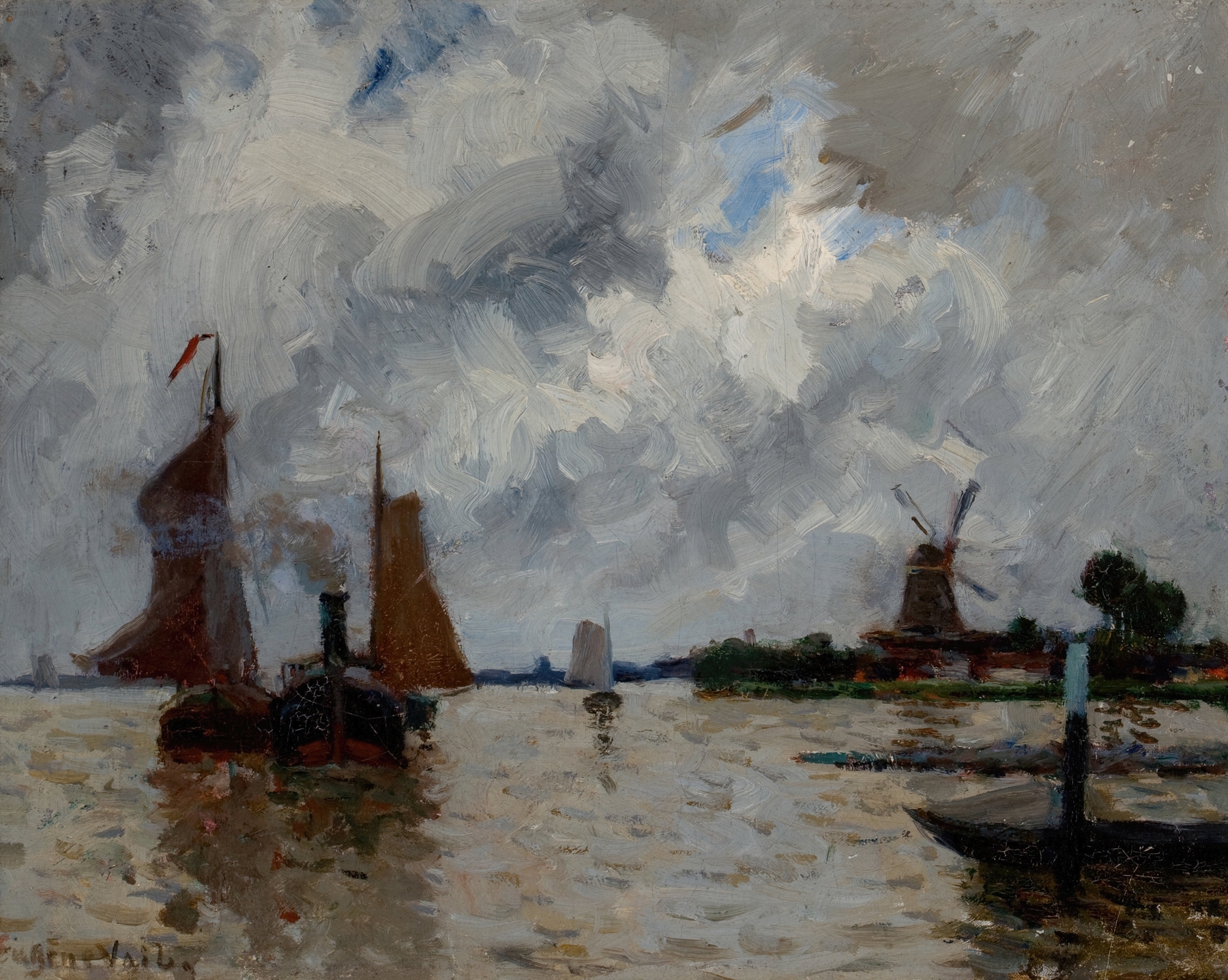 Dordrecht by Eugène Vail, oil on canvas depicting a serene landscape with water and sky reflections.