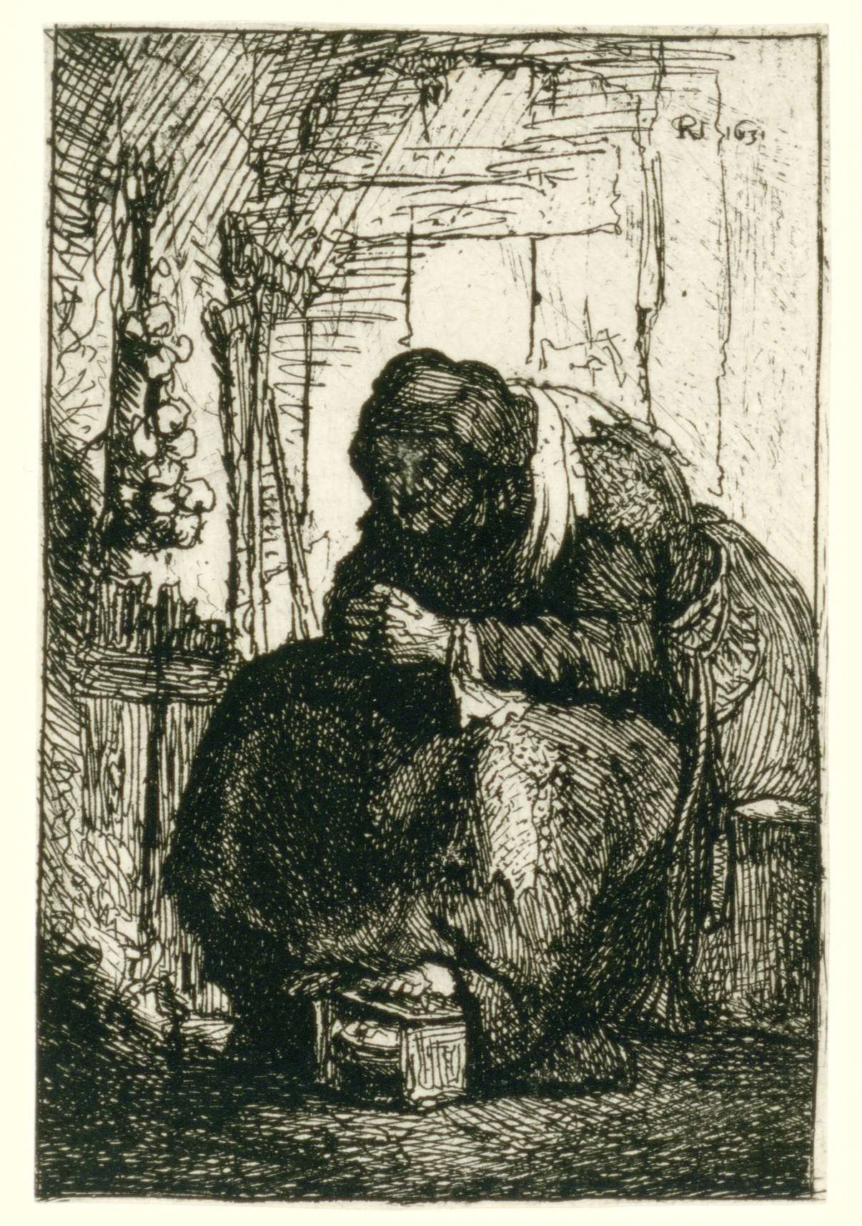 Old woman seated in a cottage with onions on the wall, etching by Rembrandt van Rijn