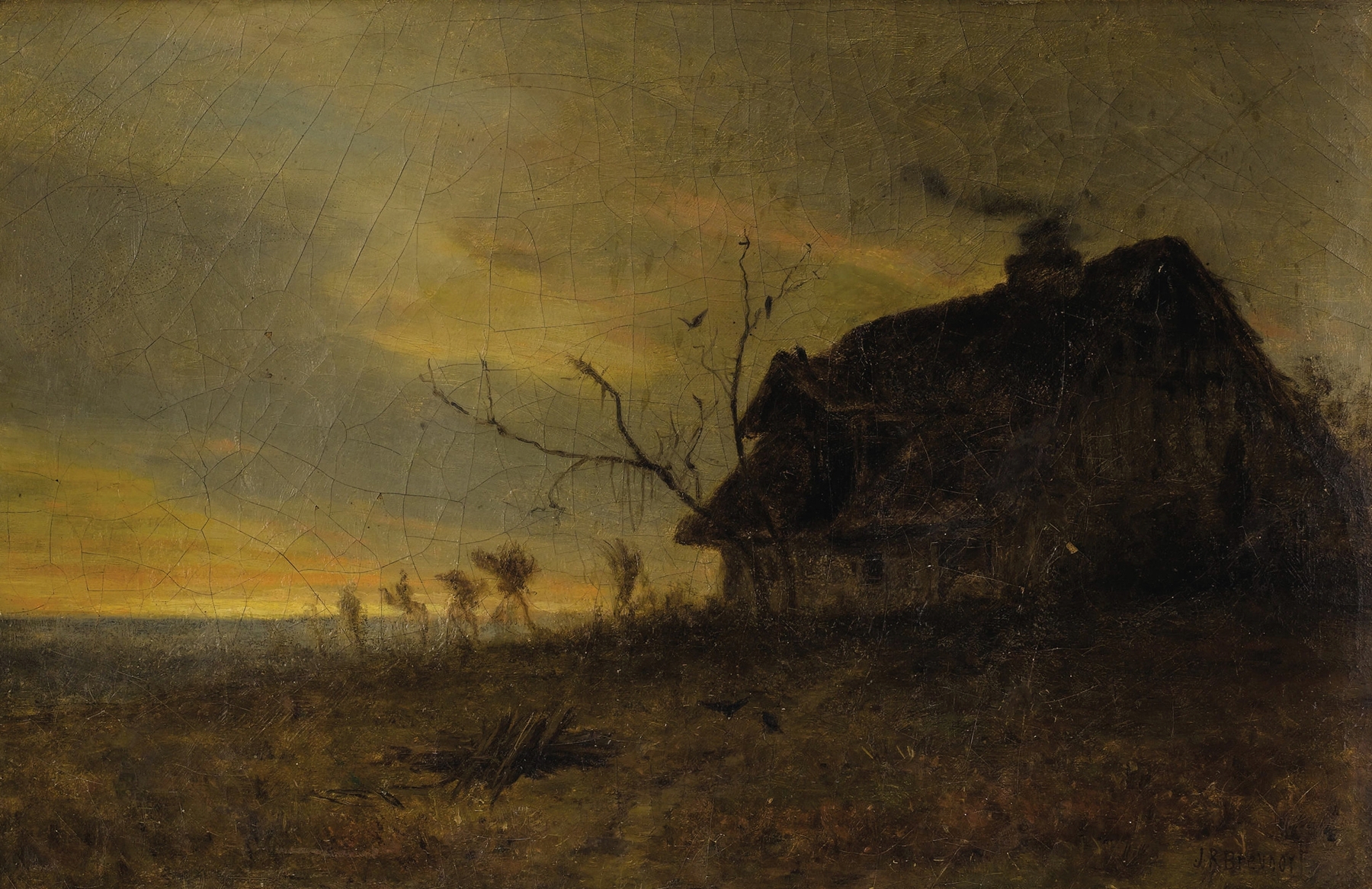 Landscape with Farmhouse by James Renwick Brevoort, oil painting depicting a farmhouse at twilight.