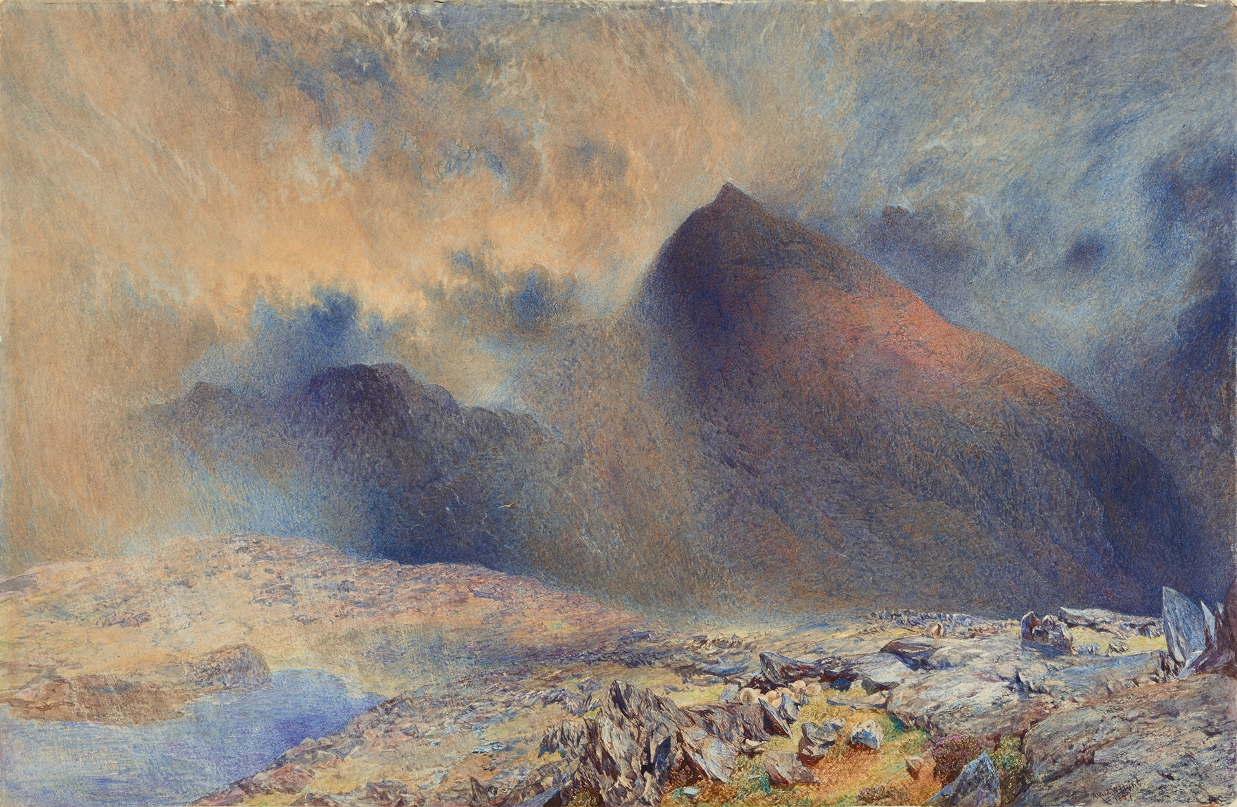 Landscape of Mount Snowdon with clouds, oil painting by Alfred William Hunt