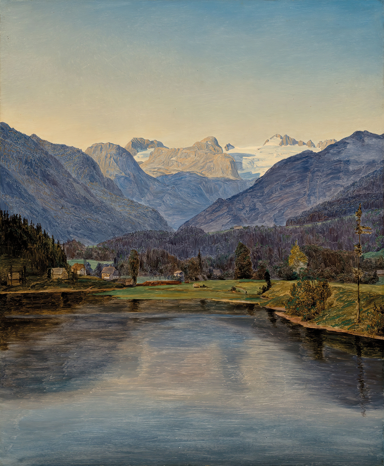 View Of Lake Altaussee And The Dachstein by Ferdinand Georg Waldmüller, oil painting of a serene landscape.