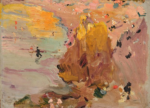 A vibrant depiction of a beach scene in Biarritz, showcasing people enjoying the sun and sea.