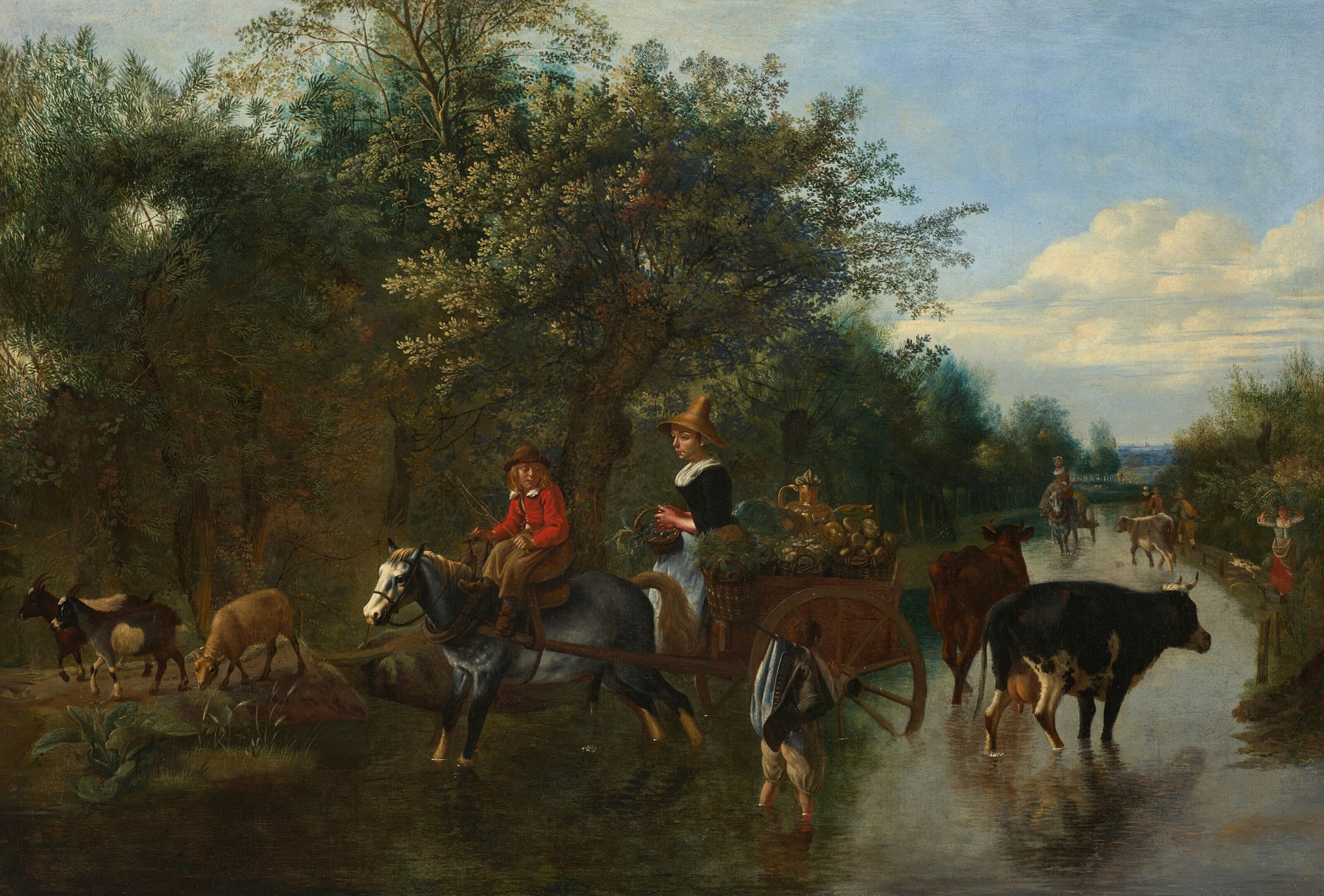A peasant girl and boy driving a vegetable cart on a flooded track, with other peasants on their way to market and a boy herding cattle, by Jan Siberechts, public domain