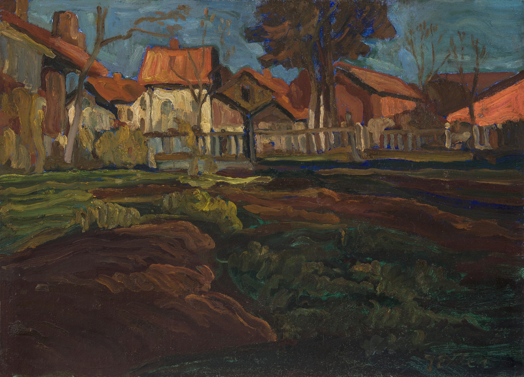 Im Herbst, Dorflandschaft Feldwies am Chiemsee by Julius Exter, oil painting depicting autumn landscape.