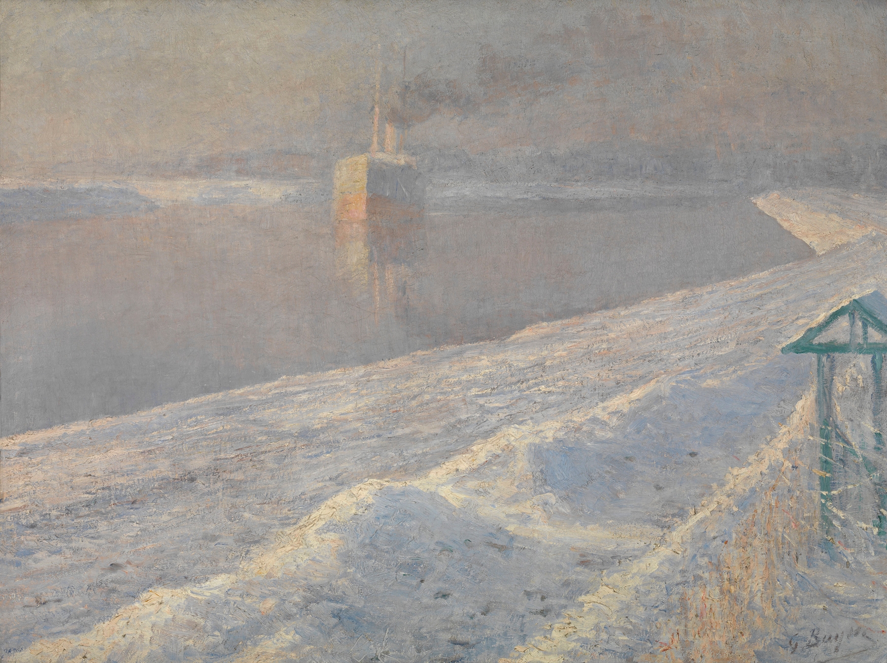 Winterstorm by Georges Léon Ernest Buysse, realism, depicting a serene snowy landscape.