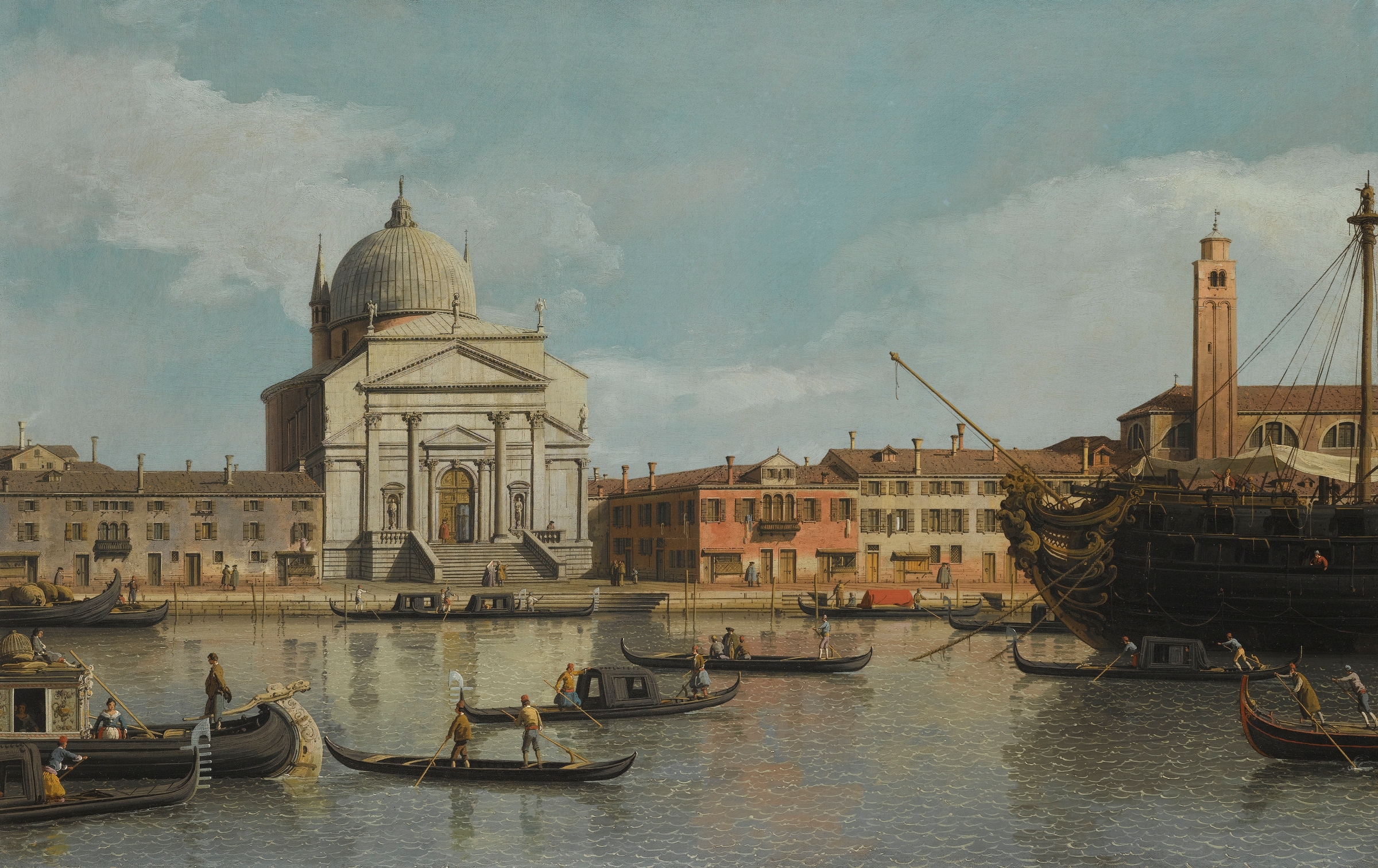 Venice, A View Of The Churches Of The Redentore And San Giacomo, With A Moored Man-Of-War, Gondolas And Barges, by Canaletto, public domain