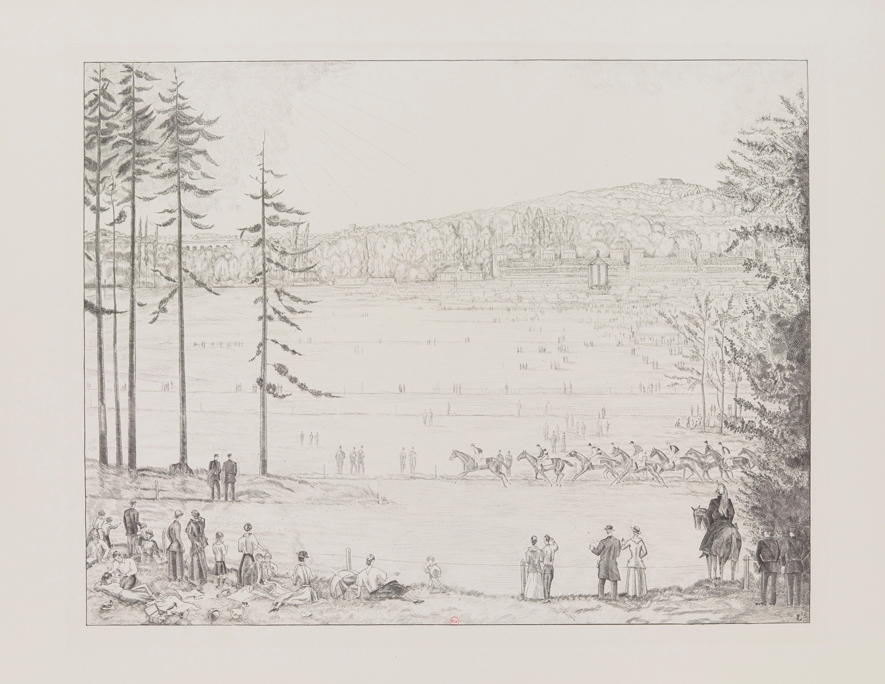 Courses à Longchamp engraving by Jean-Émile Laboureur depicting a lively racetrack with swirling figures