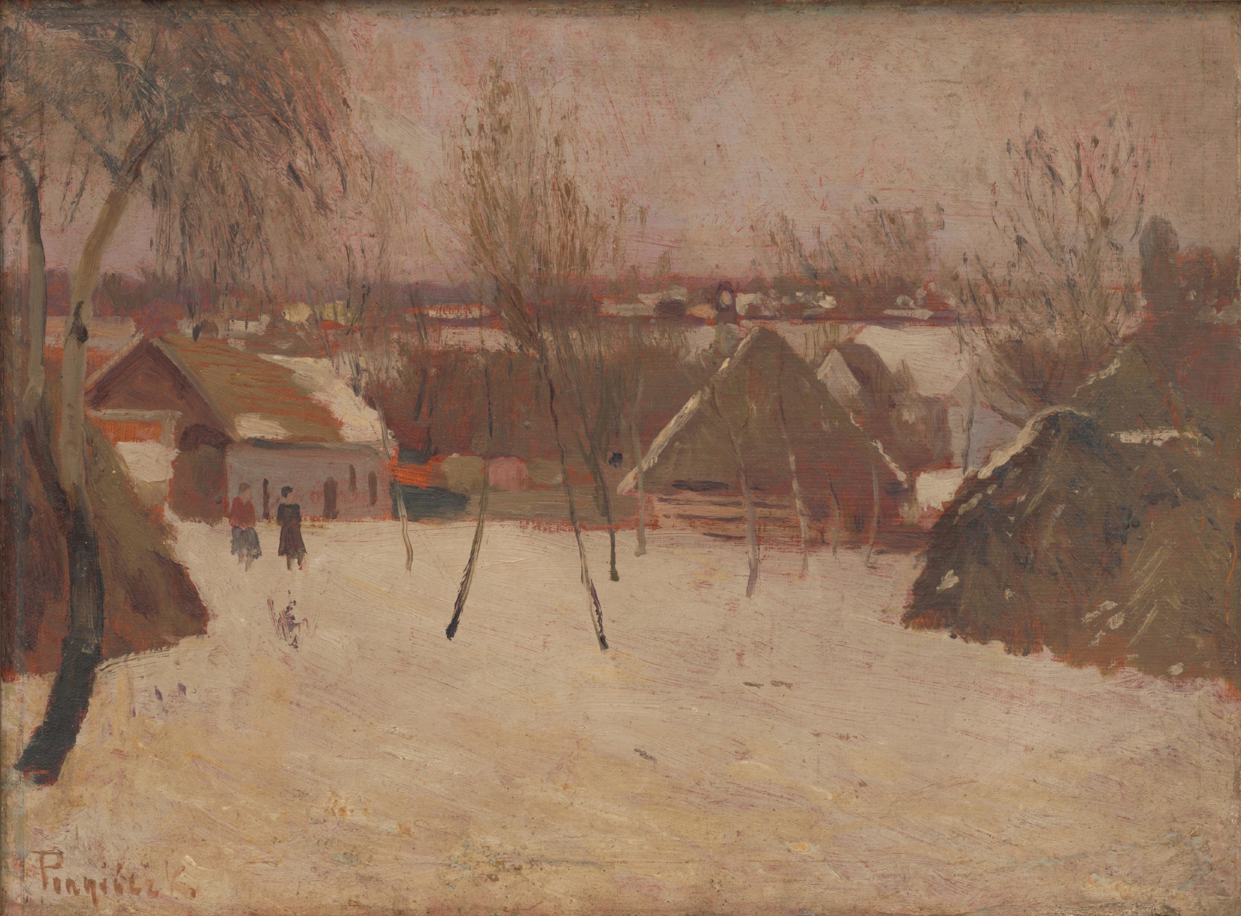 Village in Winter by Karol Pongrácz, depicting a snowy landscape with quaint houses and a gray sky.