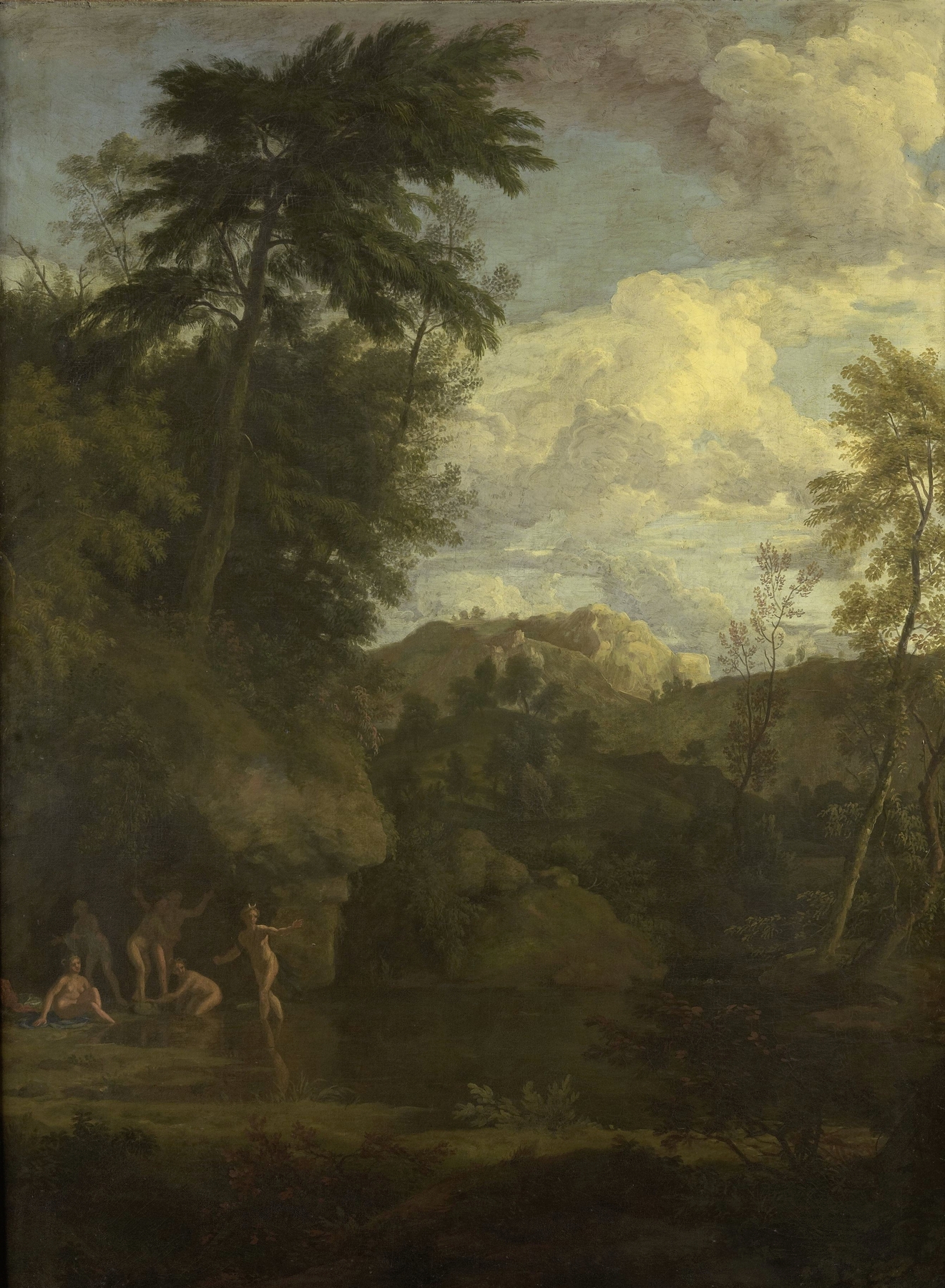 Arcadian Landscape with Diana Bathing, oil painting by Johannes Glauber, depicting a tranquil pool and lush foliage.