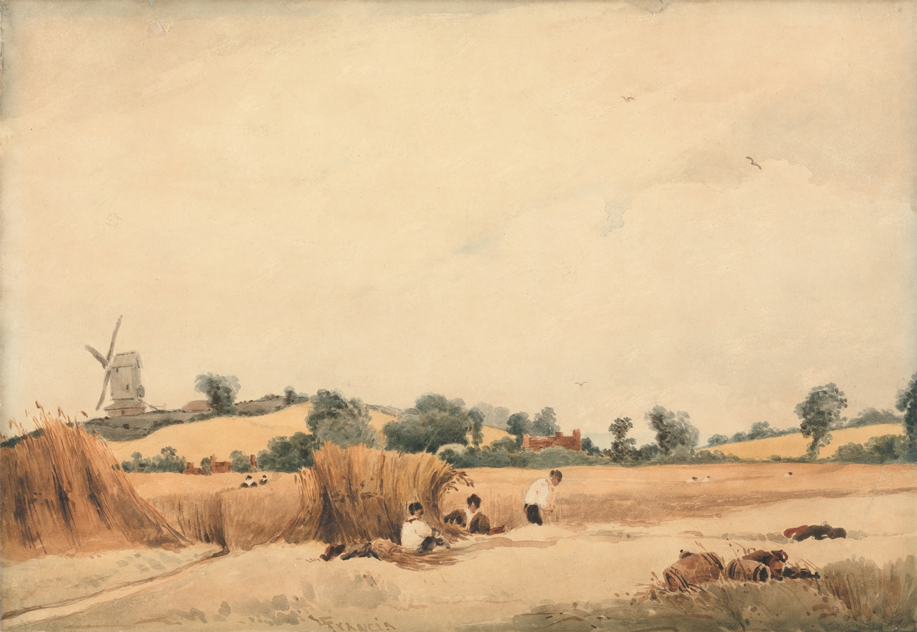 Harvesting by François Louis Thomas Francia, oil painting depicting a vibrant landscape with grains.