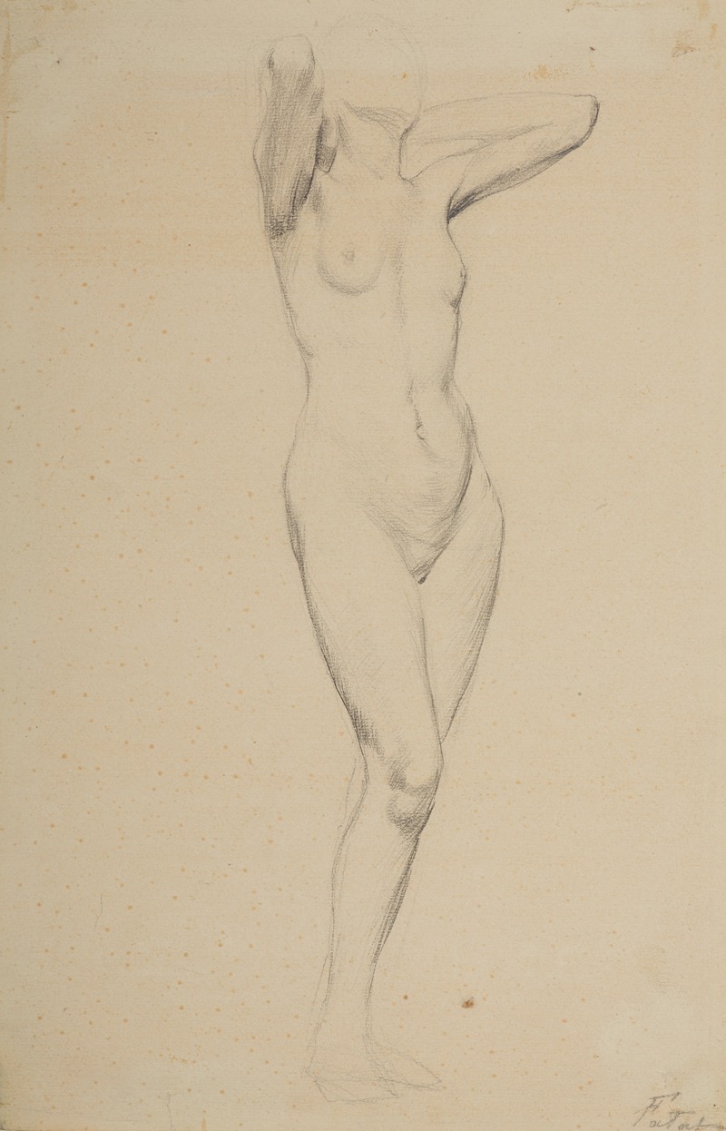 A standing nude woman with her arms clasped behind her head, showcasing a realistic portrayal of the human form.