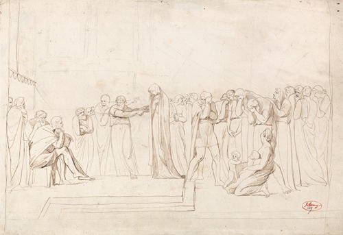 George Romney's 'The Accusation of Susanna by the Elders' depicts a dramatic biblical scene.