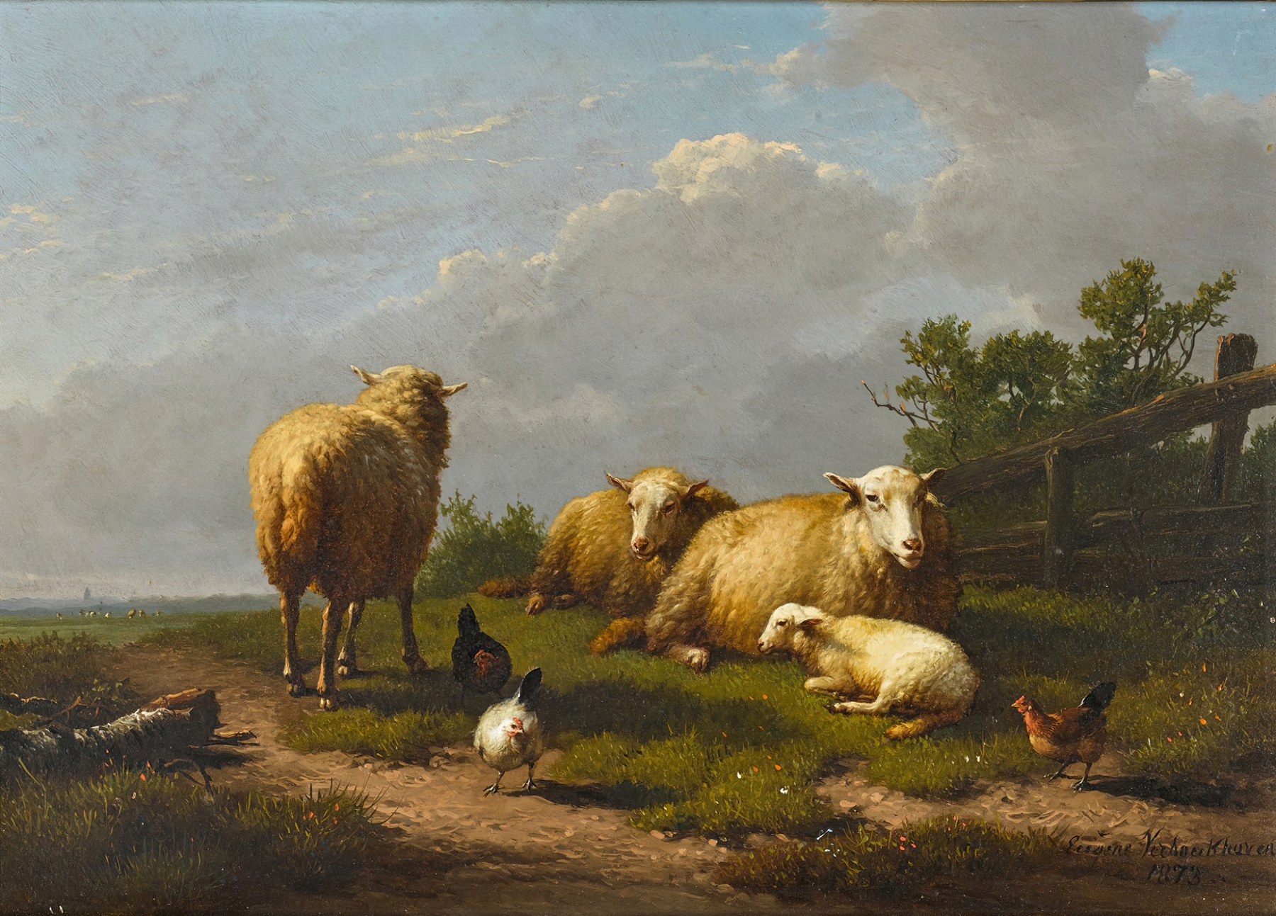 Sheep and chicken in a landscape, oil on canvas by Eugène Joseph Verboeckhoven