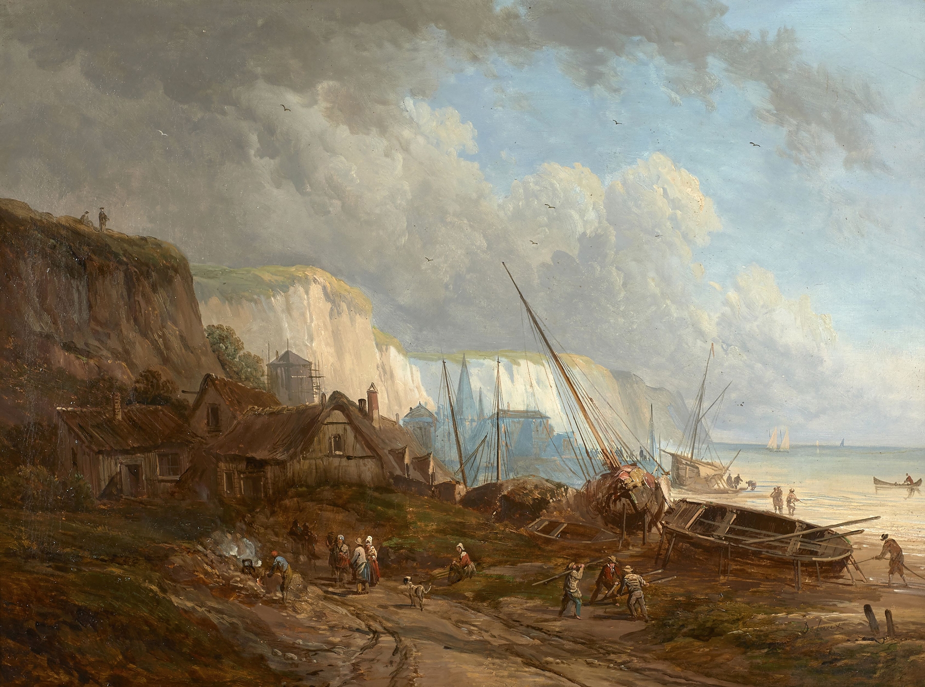 Marine à l’embouchure d’une rivière et Falaises du pays de Caux by Alexandre Defaux, oil painting