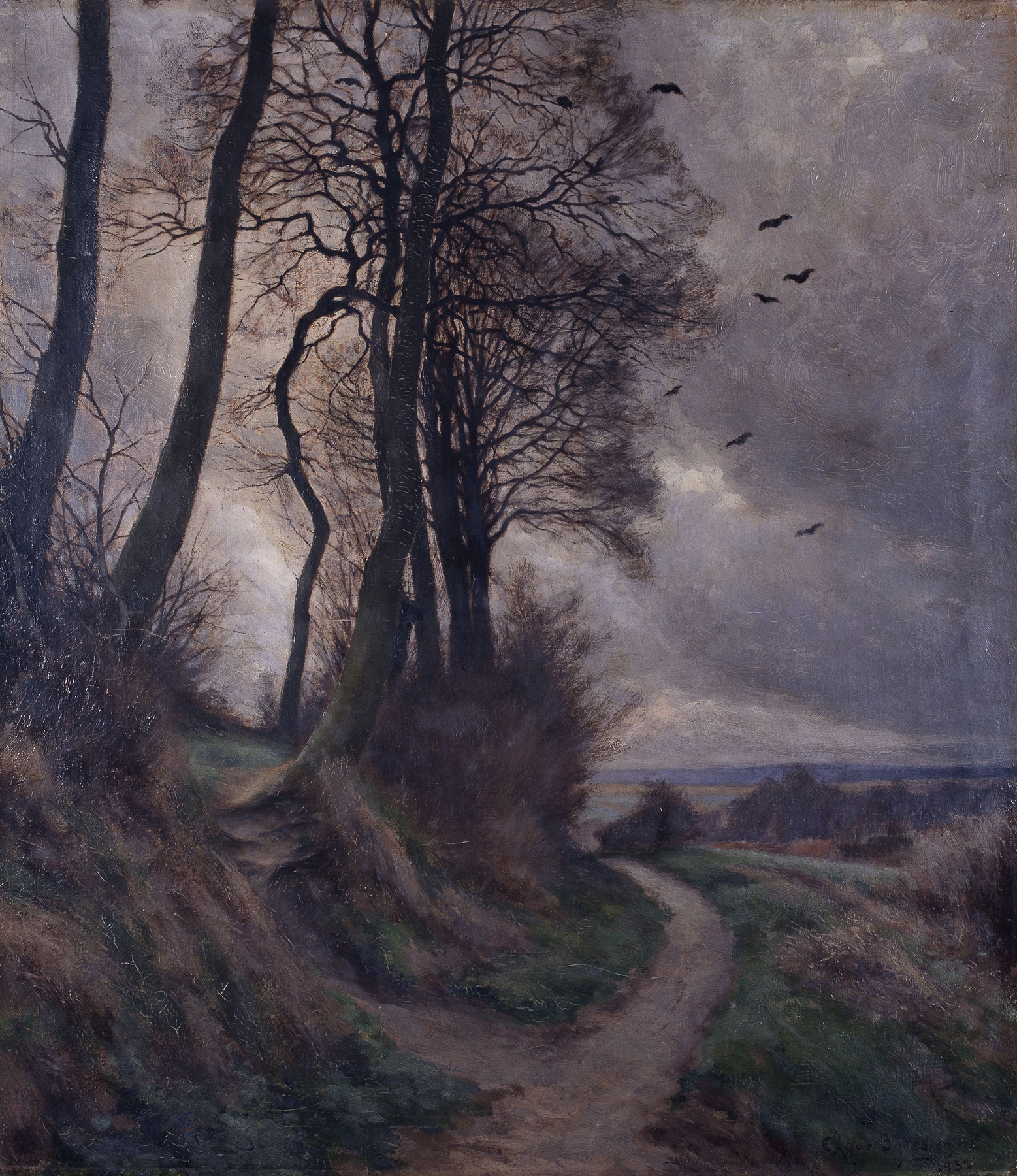 Evening Landscape with Crows, oil on canvas by Edgar Bytebier, featuring crows silhouetted against a golden sky.